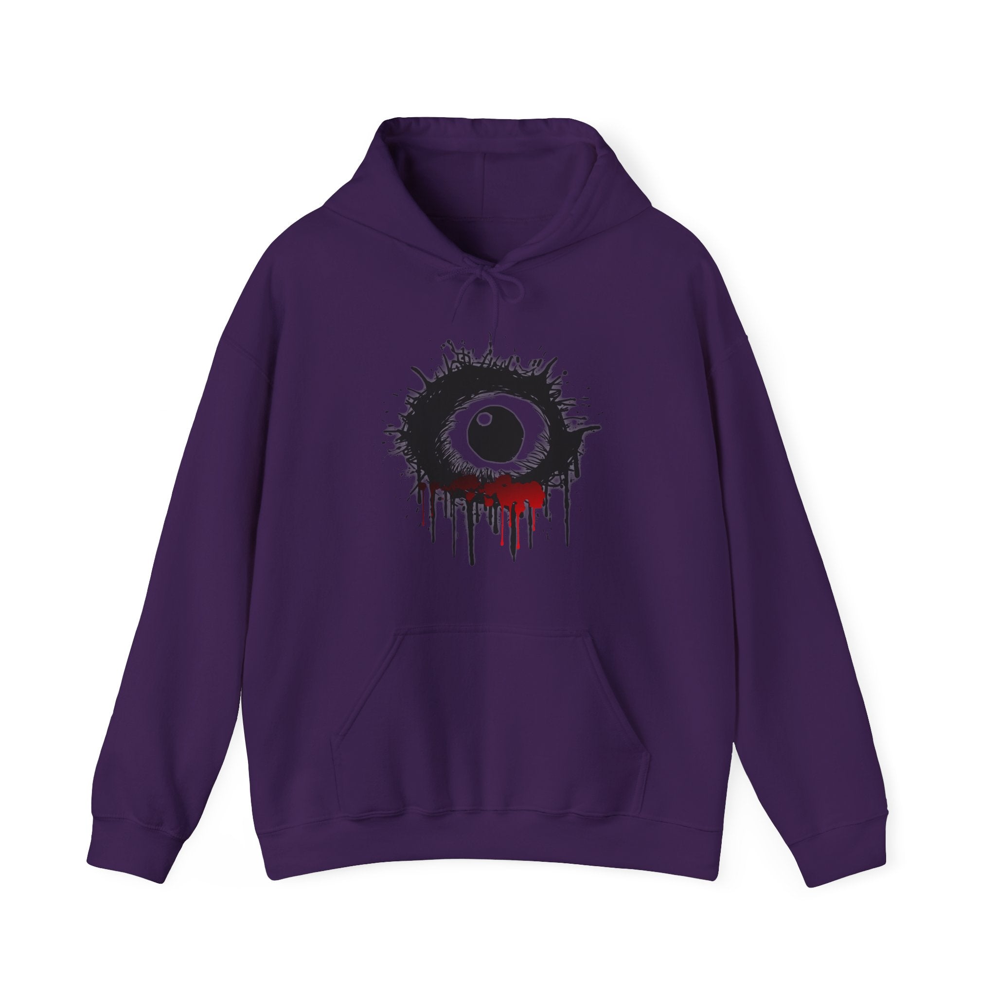 Purple hoodie with a graphic of an eye on a white background