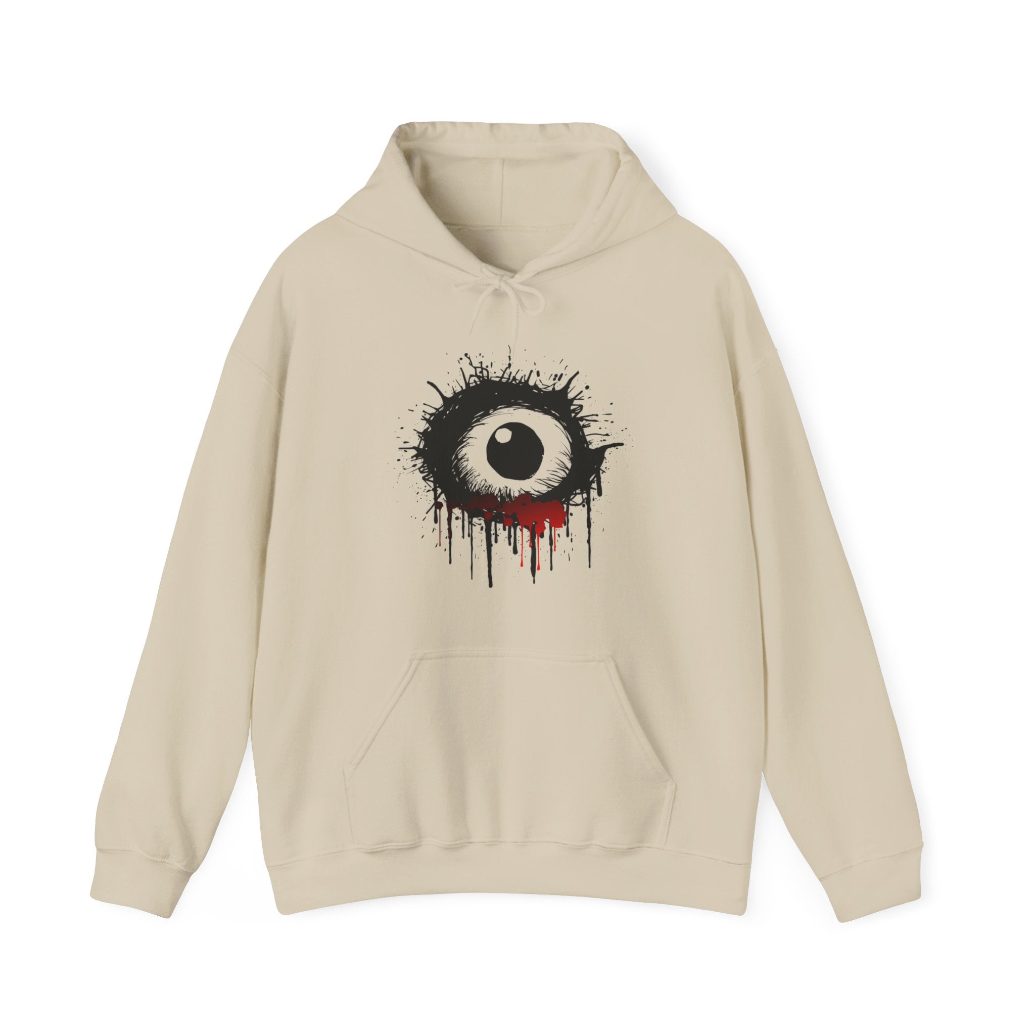 Beige hoodie with a black and red eye design on a white background