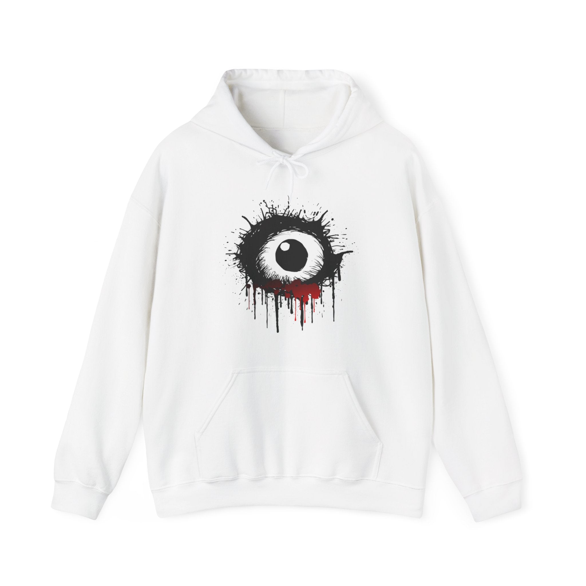 White hoodie with a black and red eye design on a white background