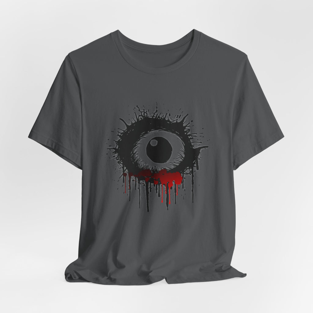 Asphalt gray t-shirt with a black and red eye design on a white background