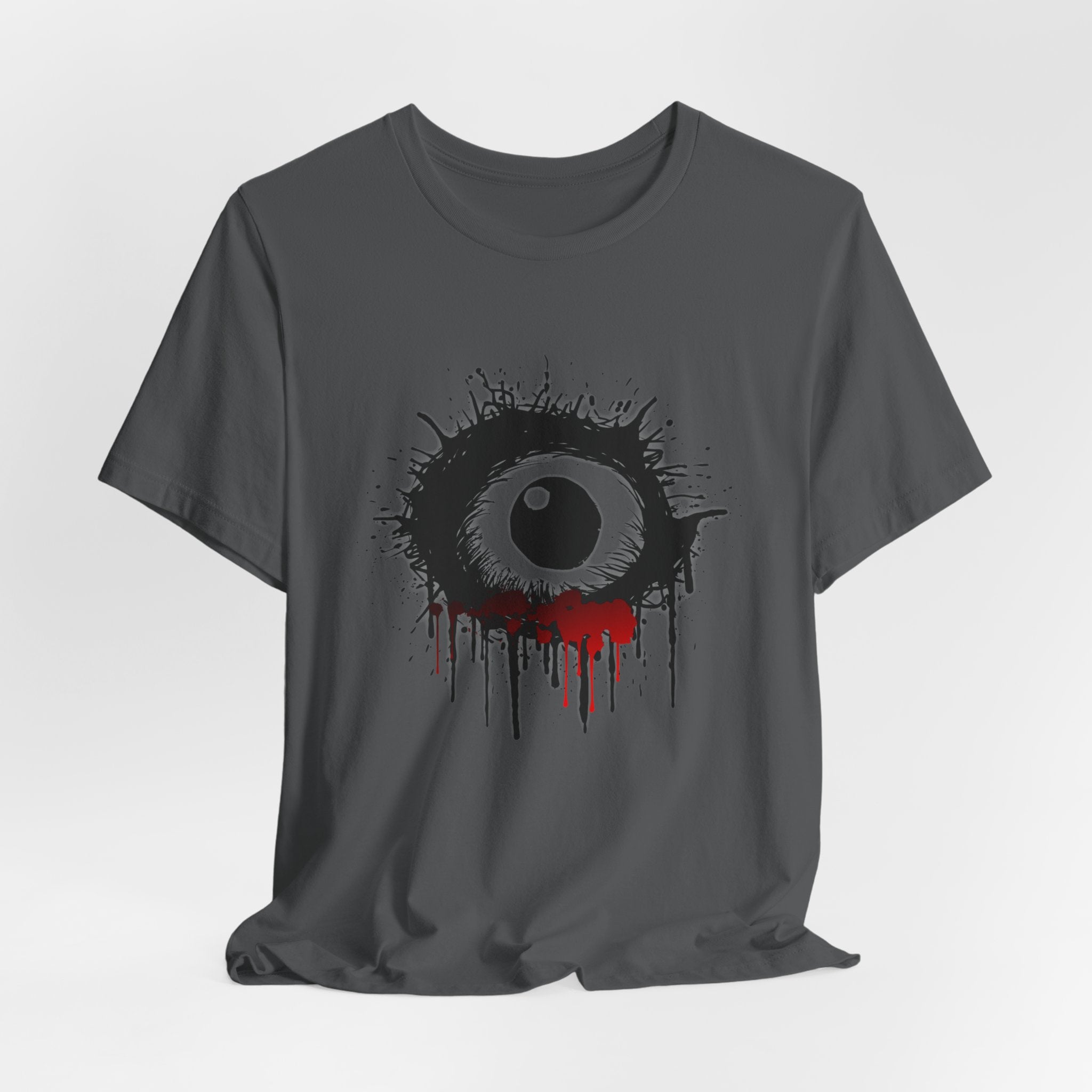 Asphalt gray t-shirt with a black and red eye design on a white background