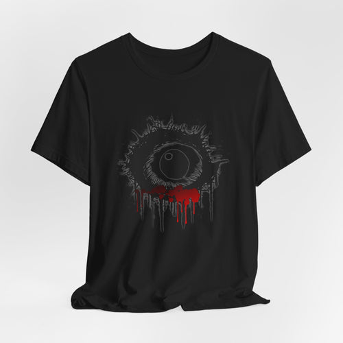 Black t-shirt with a graphic design of an eye with red accents on a white background