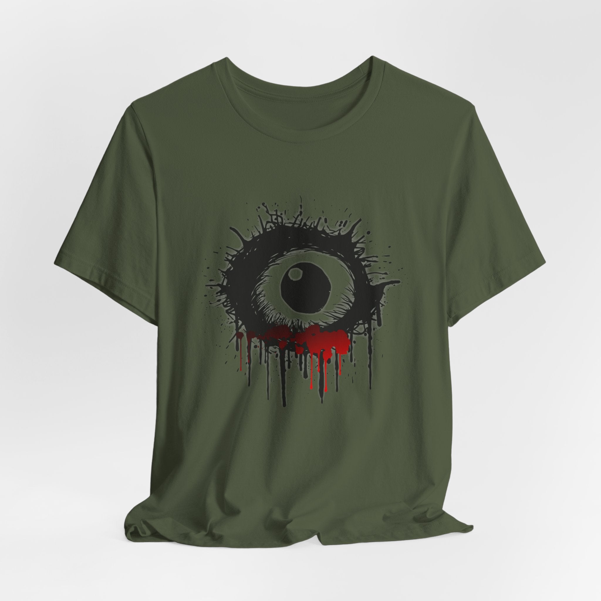 Military green t-shirt with a black and red eye design on a white background