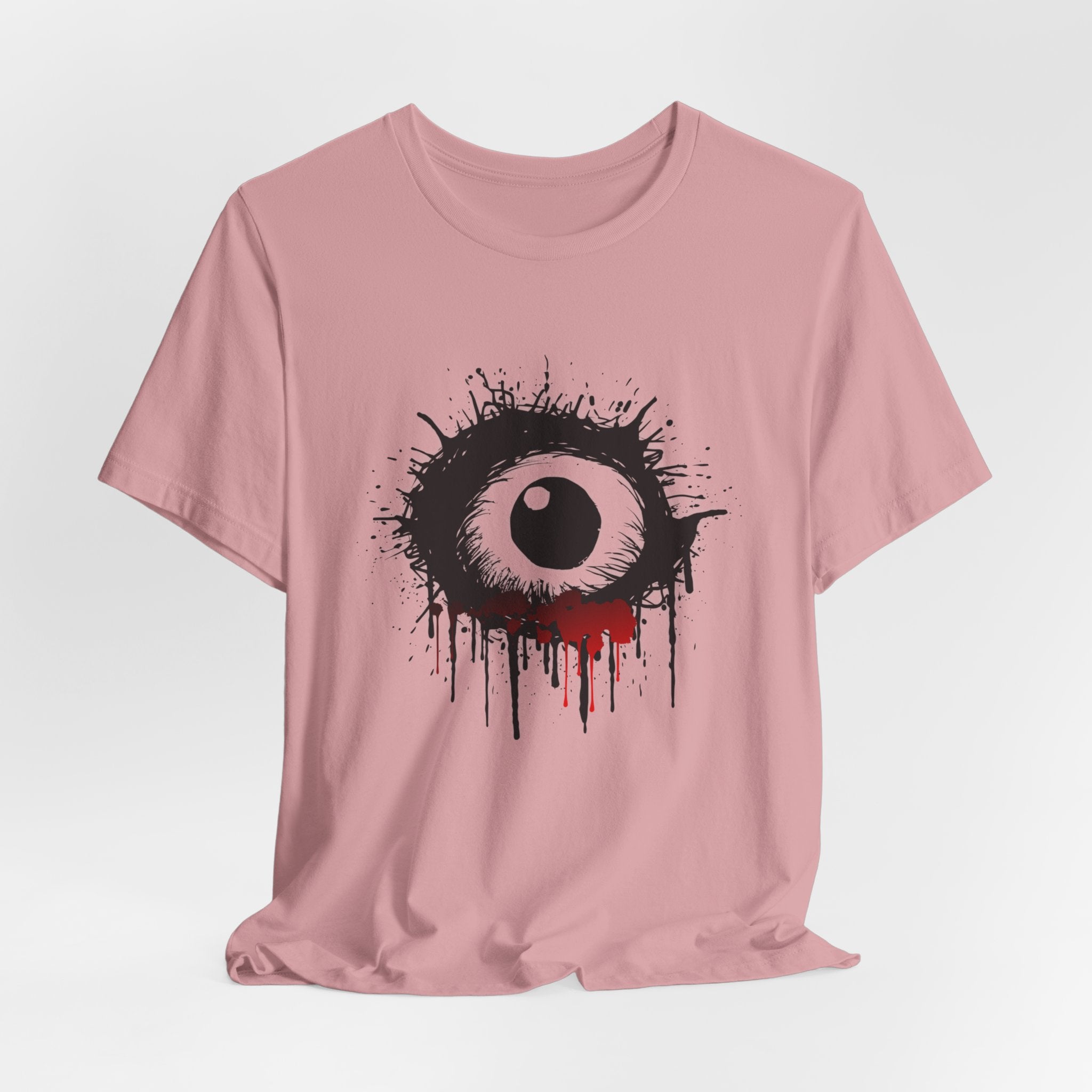 Orchid pink t-shirt with a black and white eye design on a light gray background