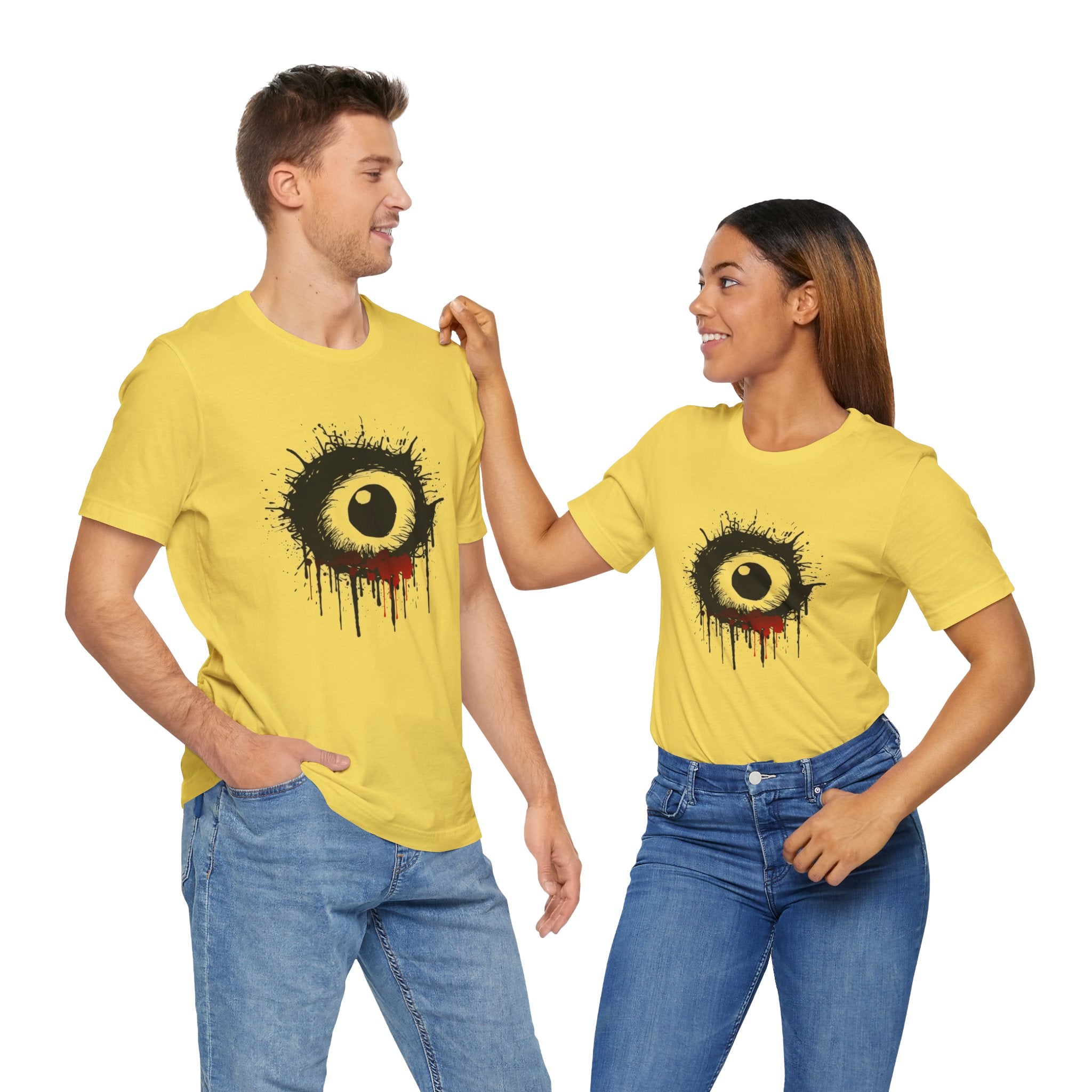 Two people wearing yellow t-shirts with a black and white design on a white background