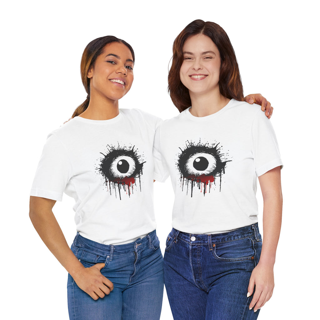 Two women wearing white t-shirts with eye designs on a white background
