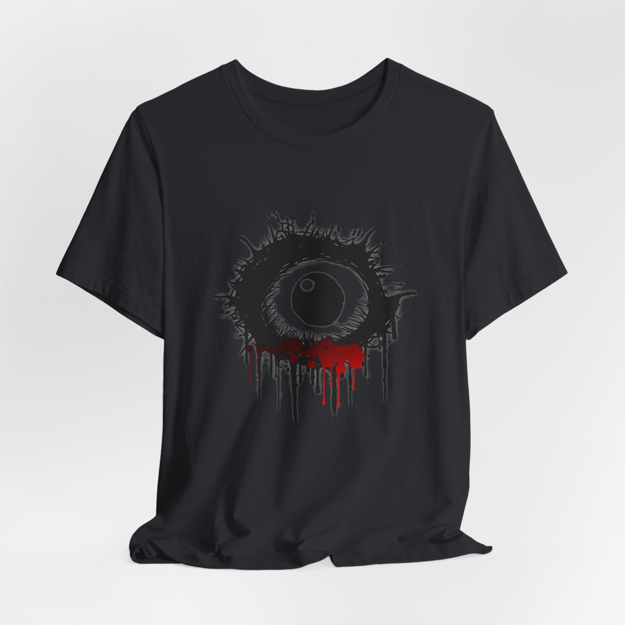 Vintage black t-shirt with a graphic design of an eye on a white background