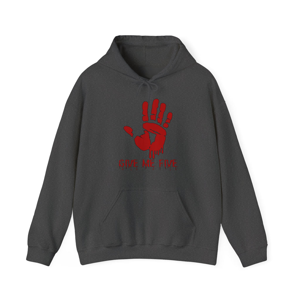 Gray hoodie with red handprint design and text on a white background