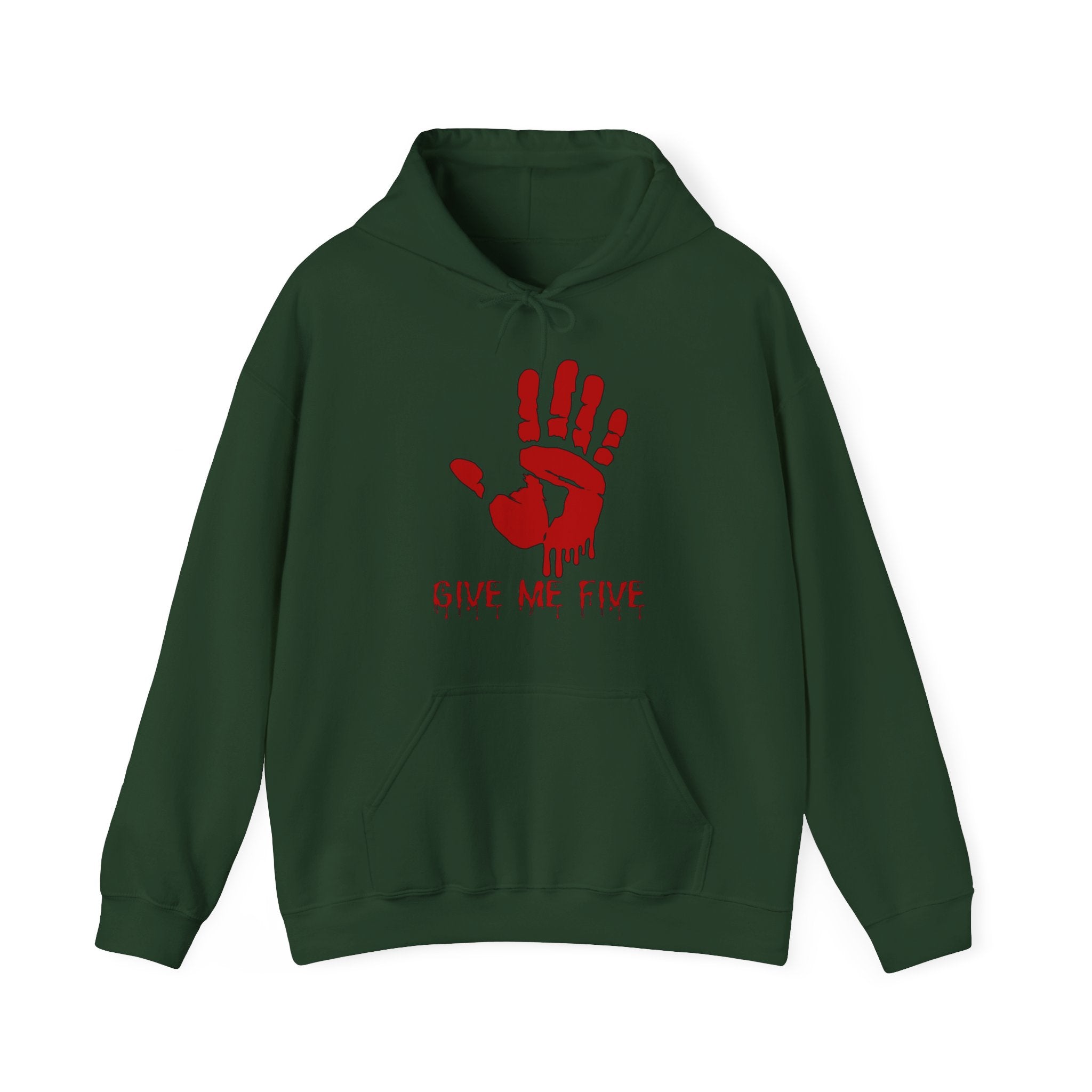 Forest green hoodie with red handprint design and text on a white background