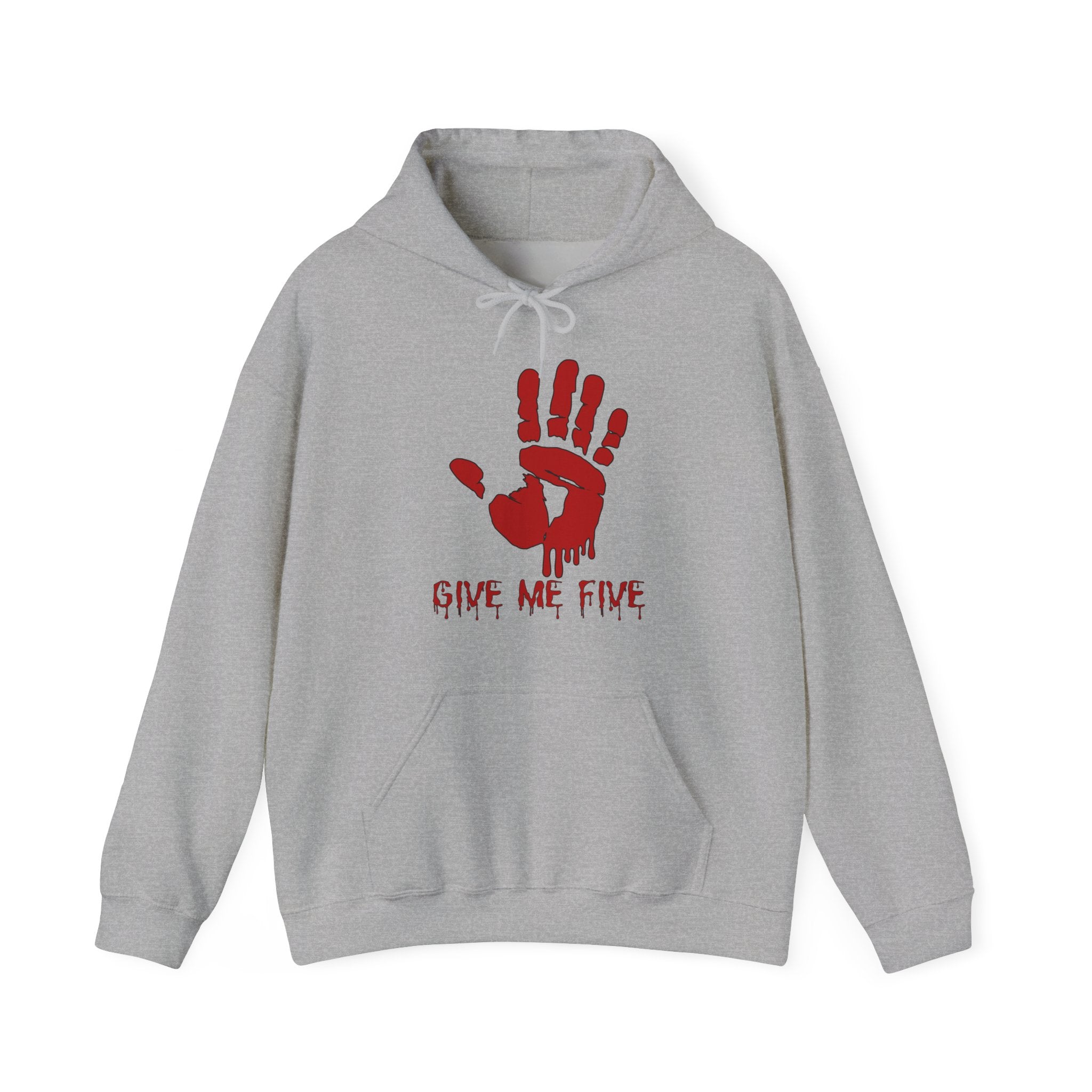 Gray hoodie with red handprint and 'Give Me Five' text on a white background