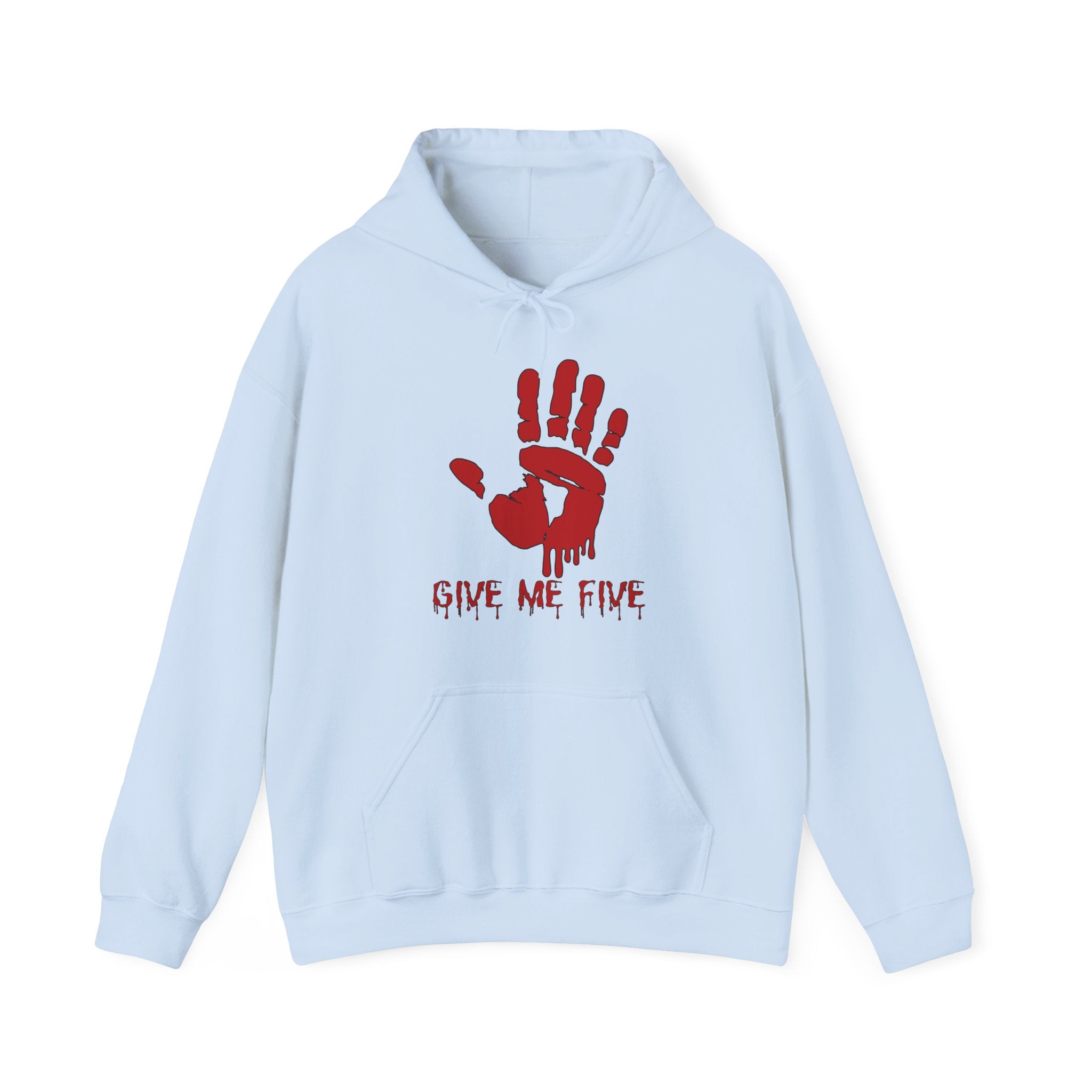 Light blue hoodie with red hand graphic and 'Give Me Five' text on a white background