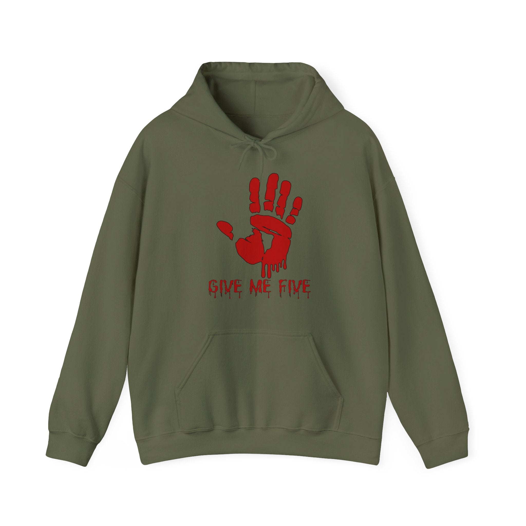 Military green hoodie with red handprint and 'Give Me Five' text on a white background