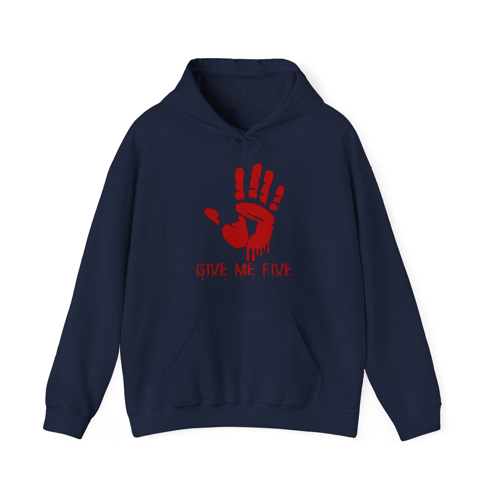 Navy blue hoodie with red handprint and 'Give Me Five' text on a white background