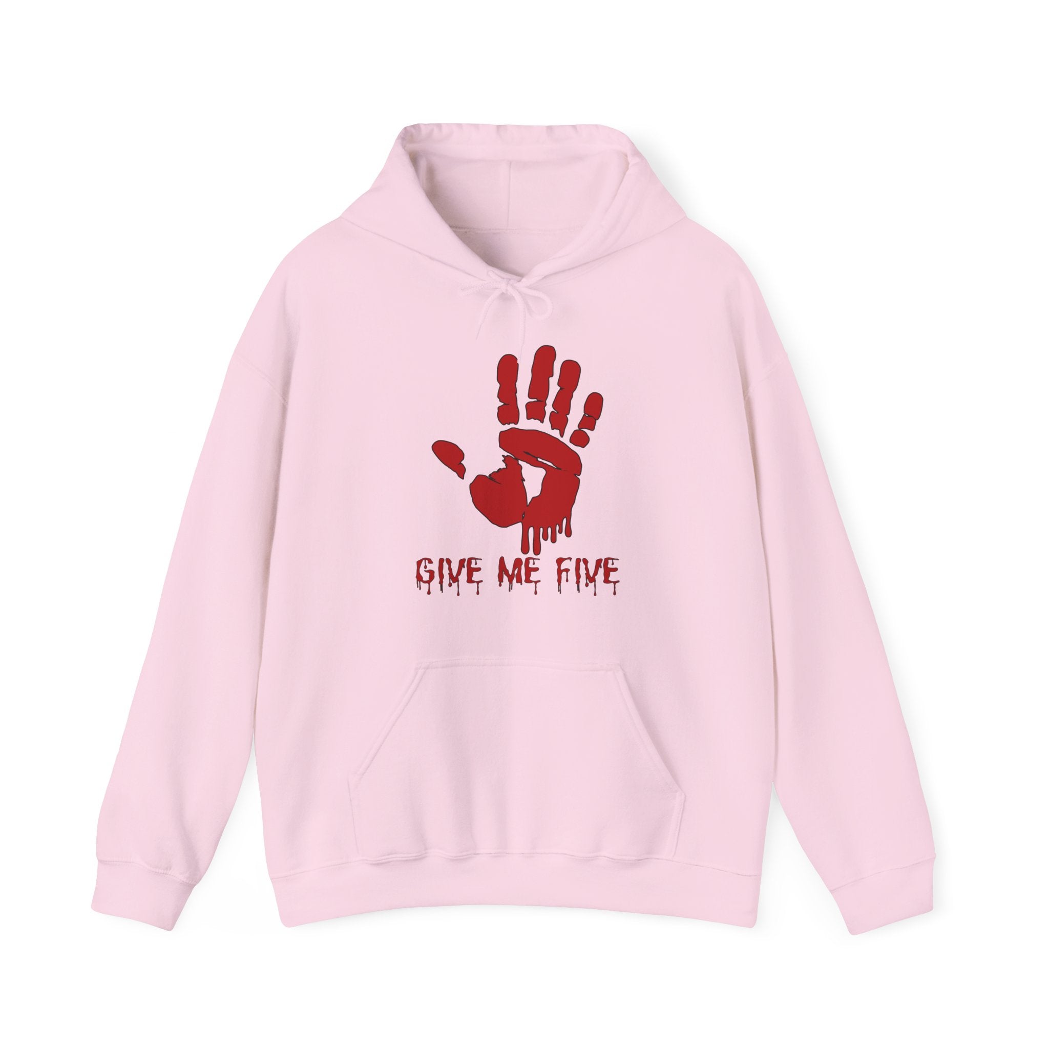 Pink hoodie with red handprint and 'Give Me Five' text on a white background