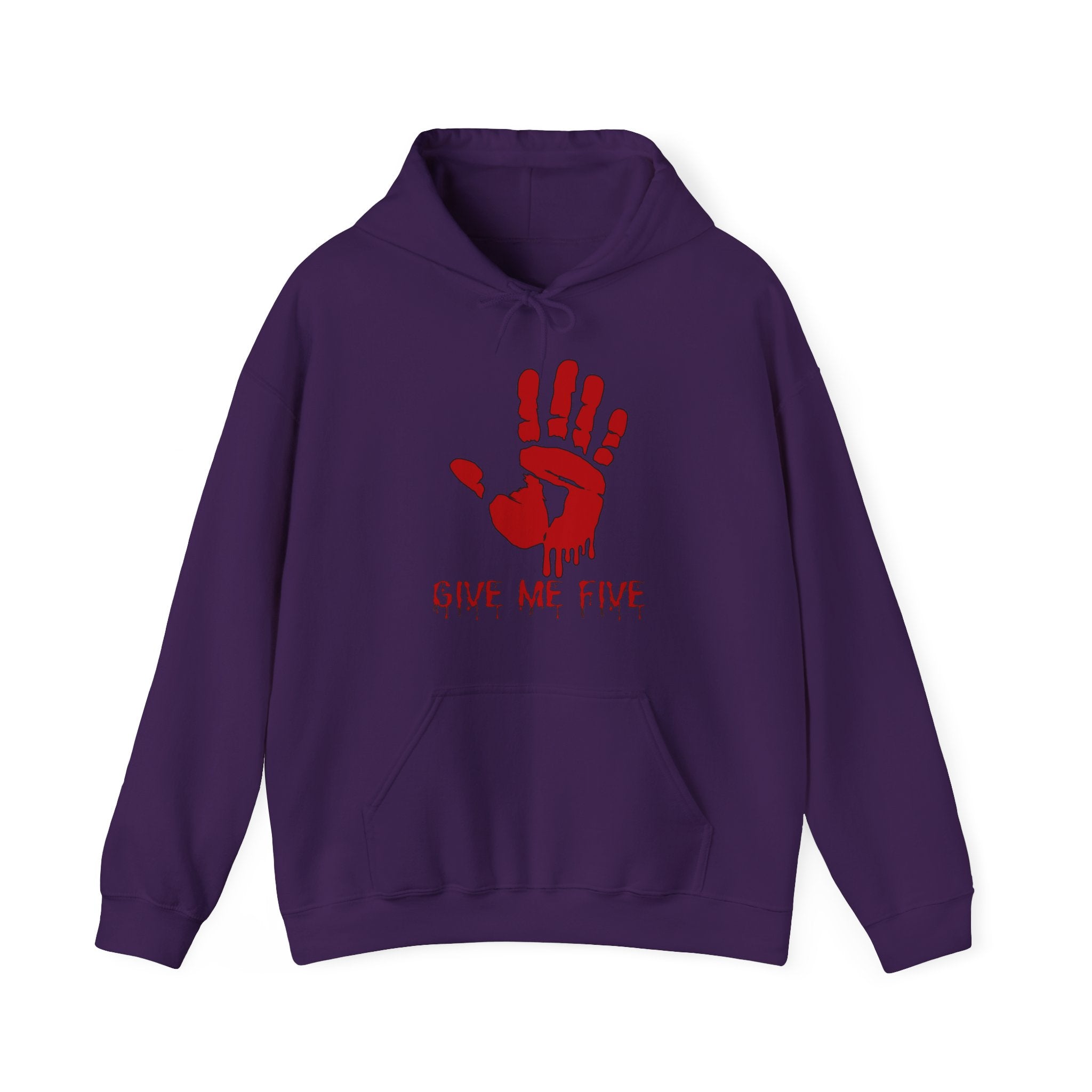 Purple hoodie with red handprint and text on a white background