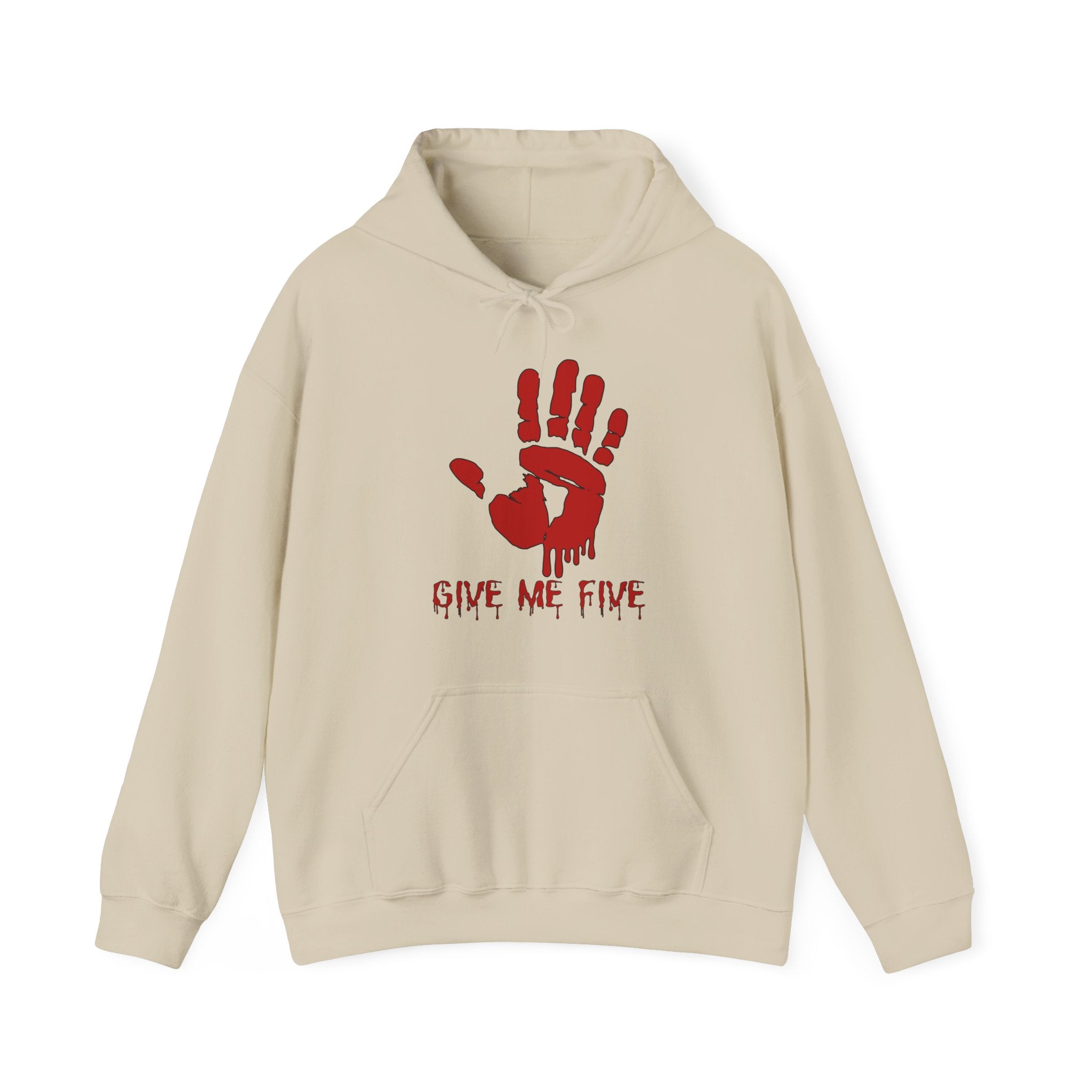 Beige hoodie with red hand graphic and 'Give Me Five' text on a white background