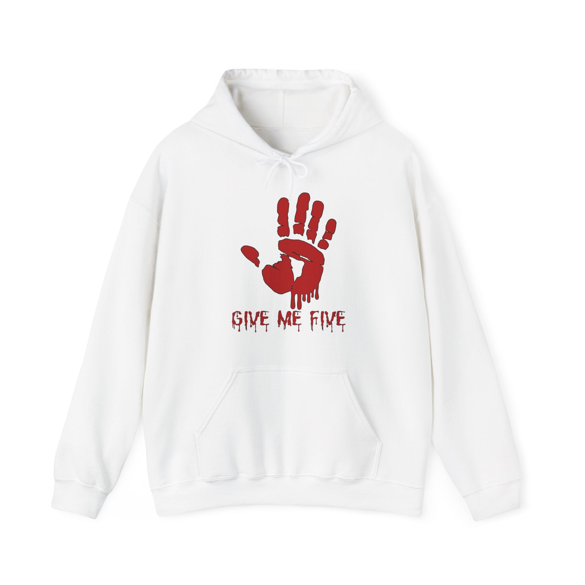 White hoodie with red handprint design and 'Give Me Five' text on a white background