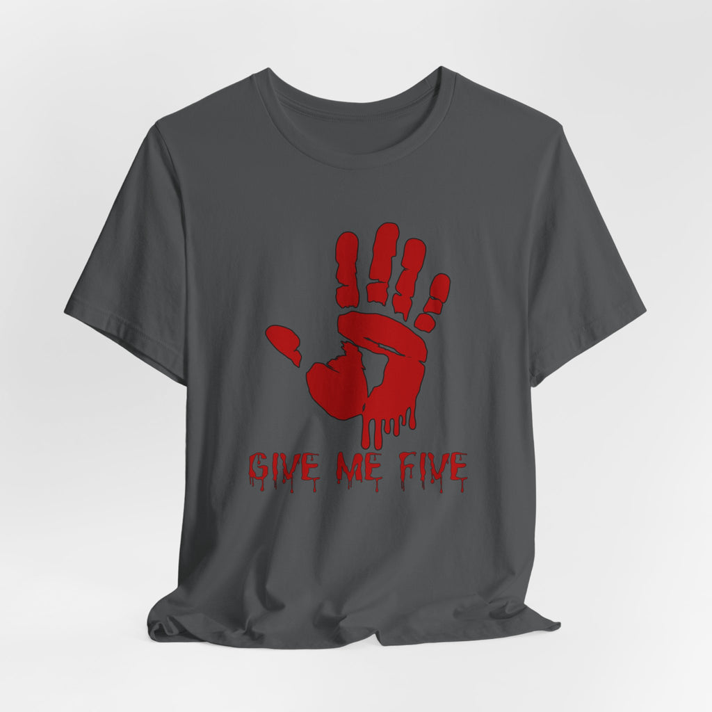 Asphalt gray t-shirt with red hand print and 'Give Me Five' text on a white background
