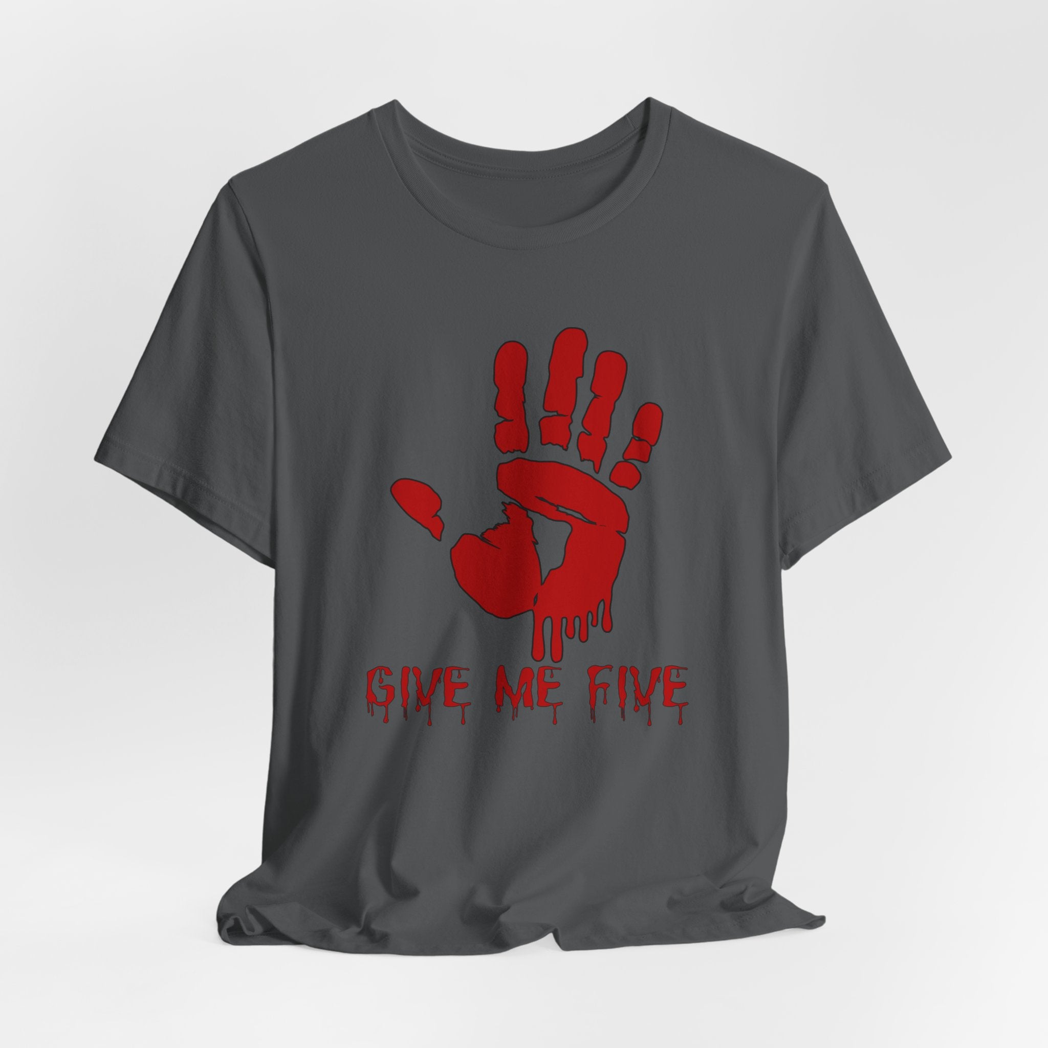 Asphalt gray t-shirt with red hand print and 'Give Me Five' text on a white background