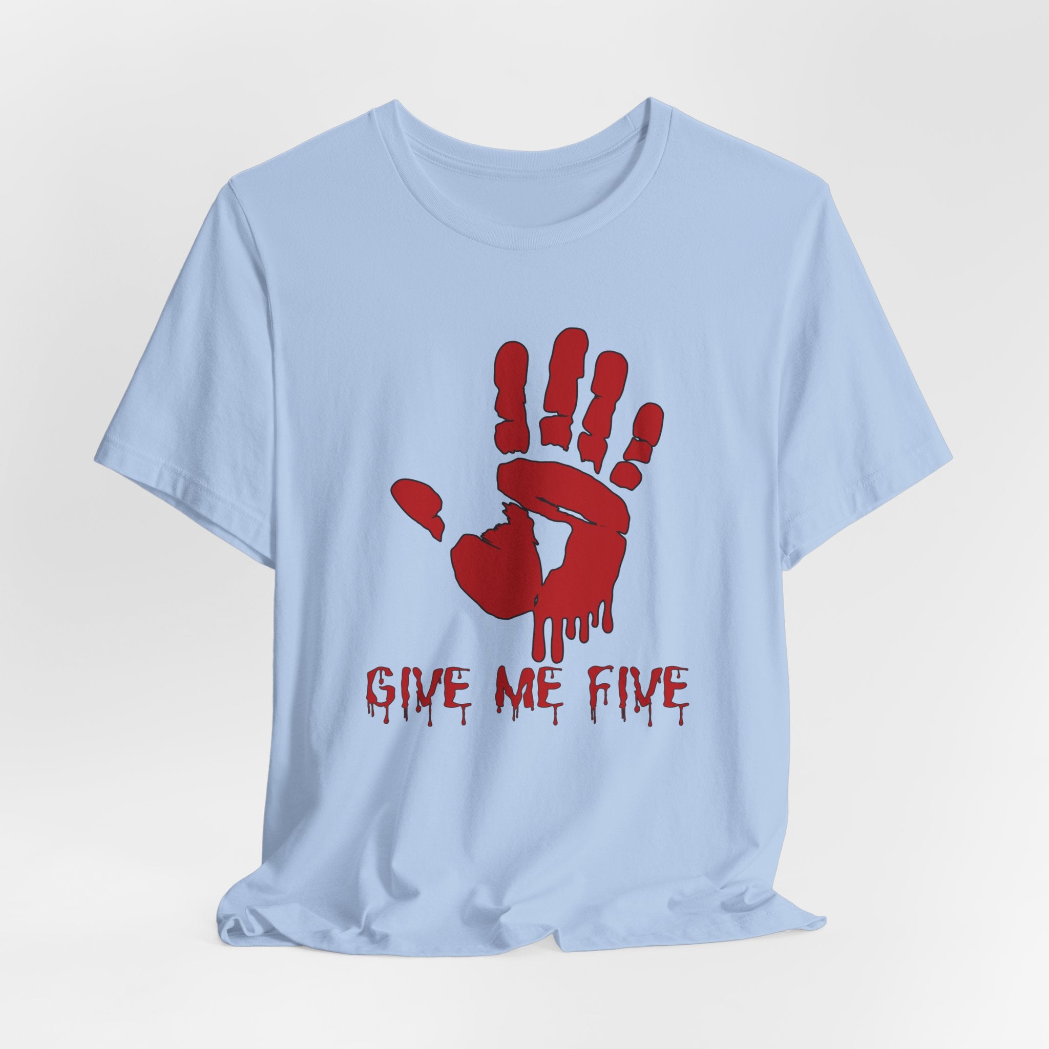 Light blue t-shirt with red handprint graphic and 'Give Me Five' text on a light gray background
