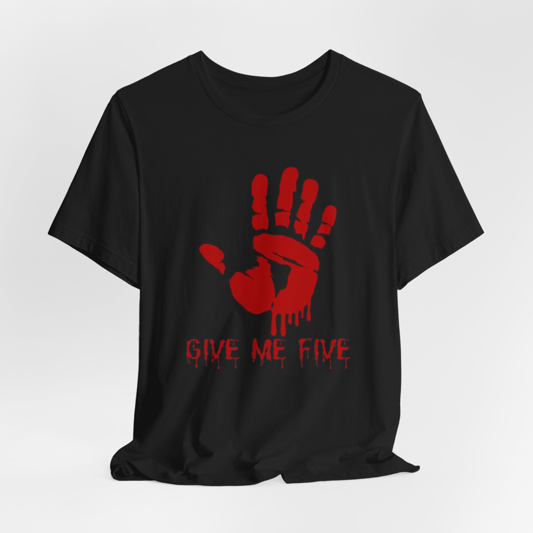 Black t-shirt with red handprint and 'Give Me Five' text on a white background