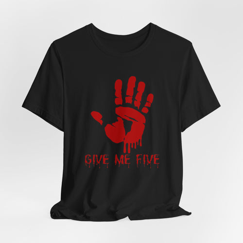 Black t-shirt with red handprint and 'Give Me Five' text on a white background
