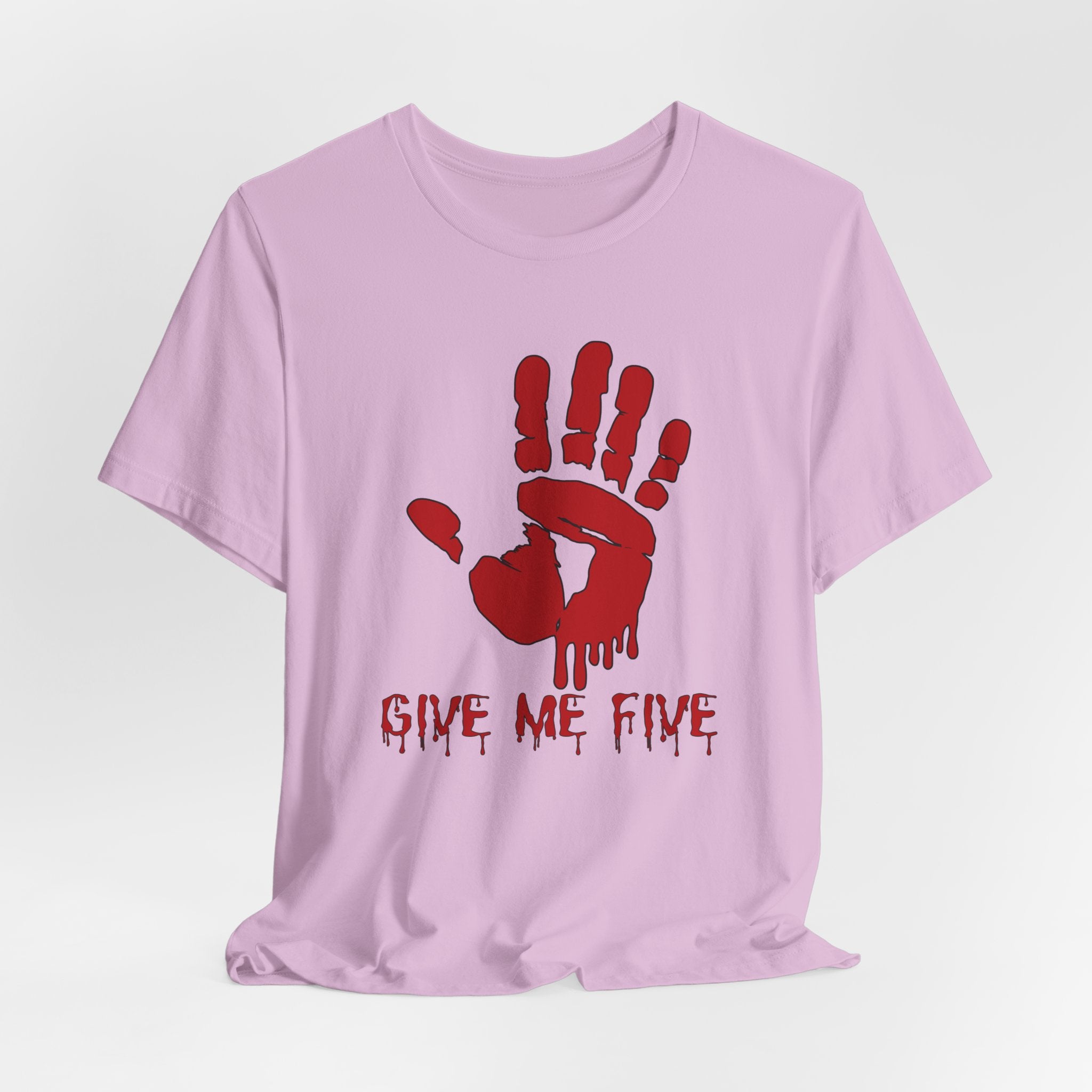 Lilac pink t-shirt with red handprint and 'Give Me Five' text on a white background