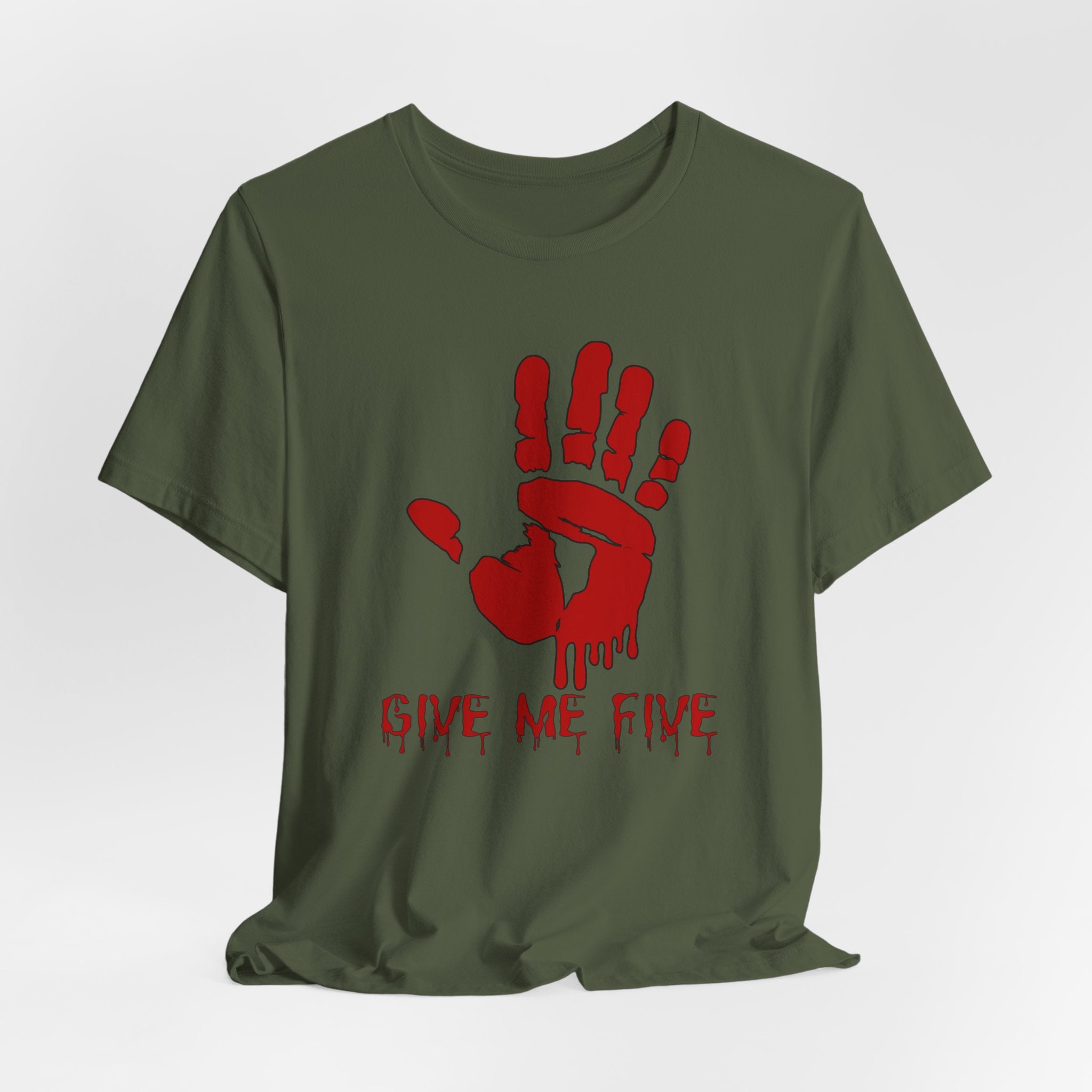 Military green t-shirt with red handprint design and 'Give Me Five' text on a white background