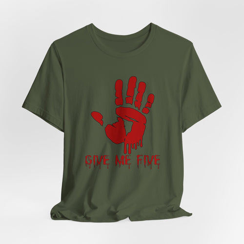 Military green t-shirt with red handprint design and 'Give Me Five' text on a white background