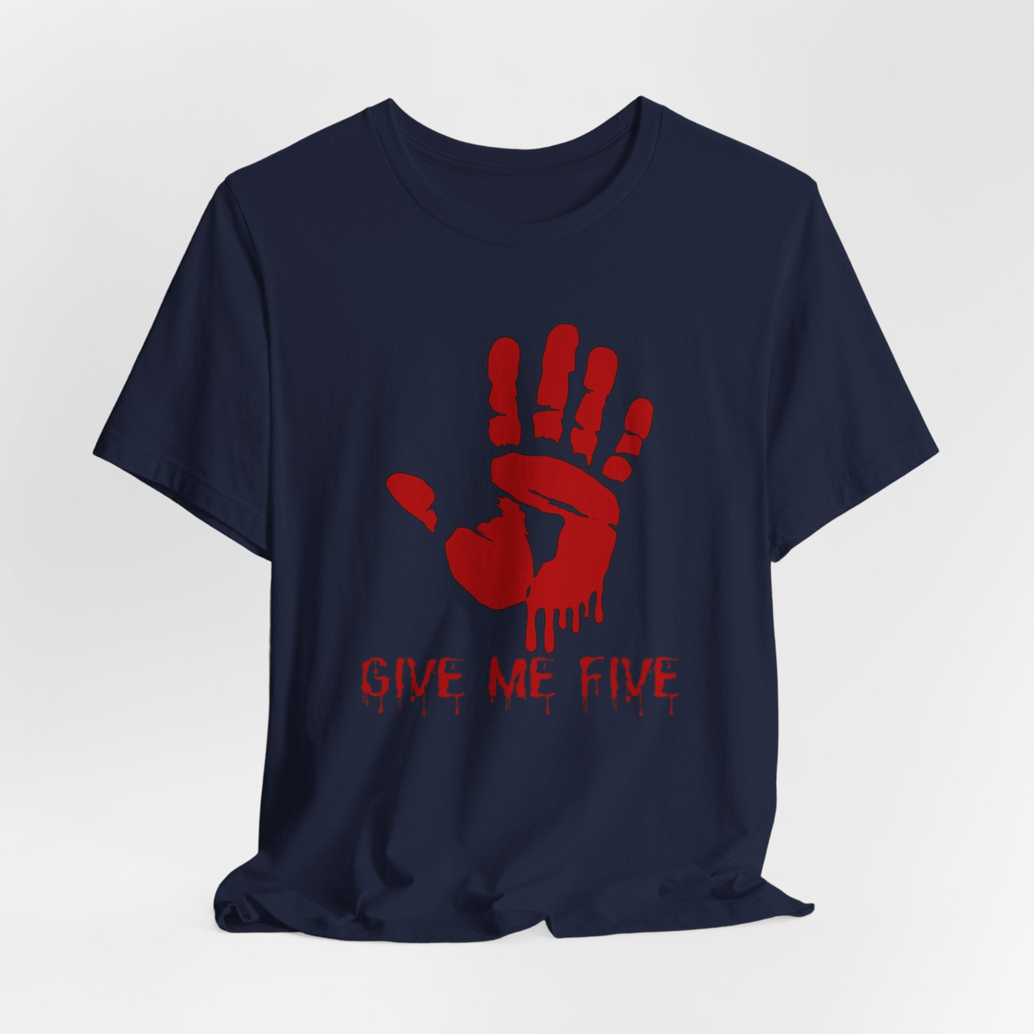 Navy blue t-shirt with red handprint and 'Give Me Five' text on a white background