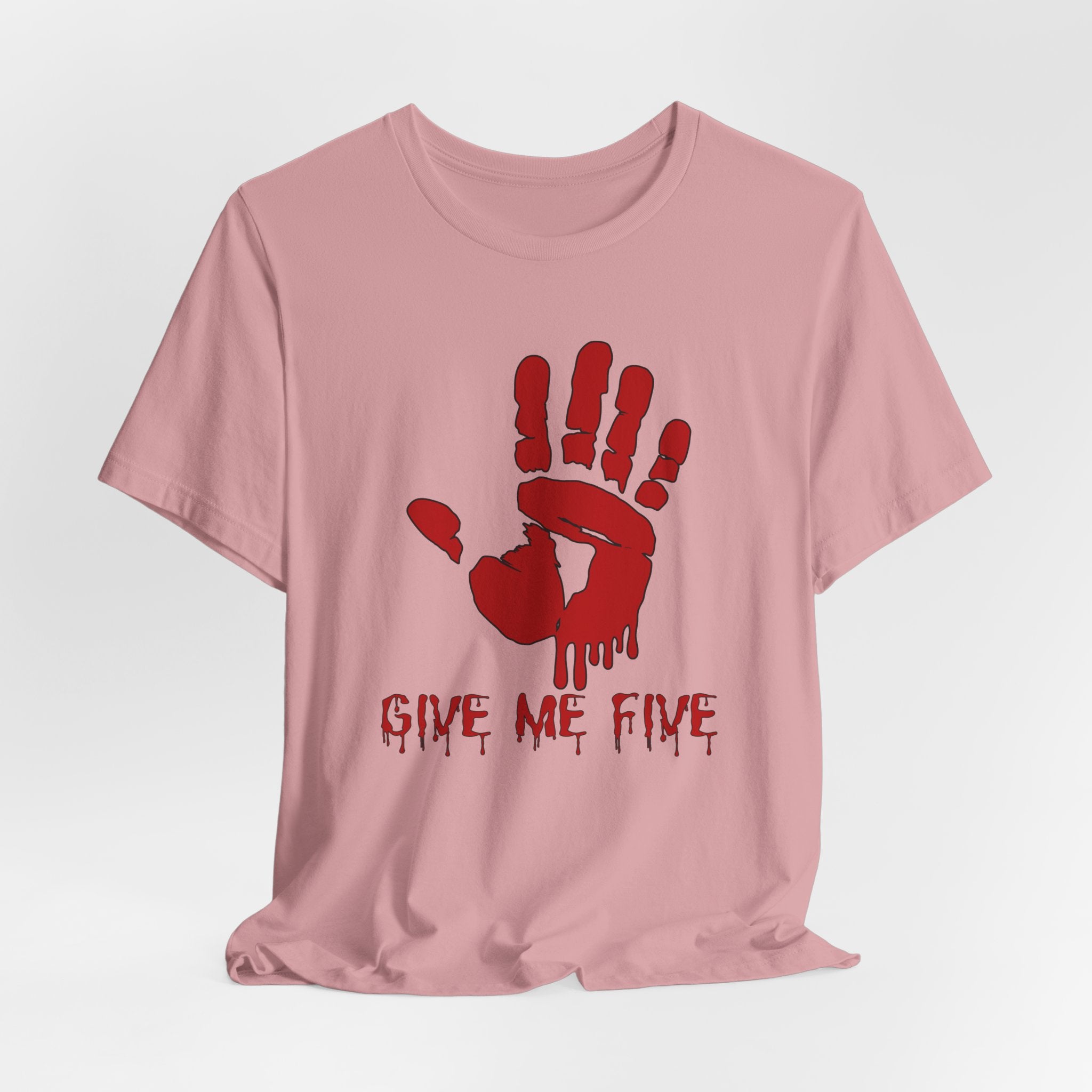 Orchid pink t-shirt with red hand graphic and 'Give Me Five' text on a white background