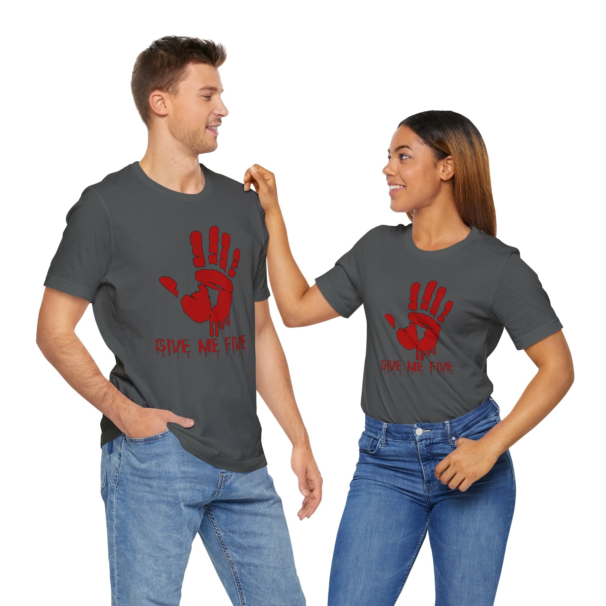 Two people wearing gray t-shirts with red handprint design and text on a white background