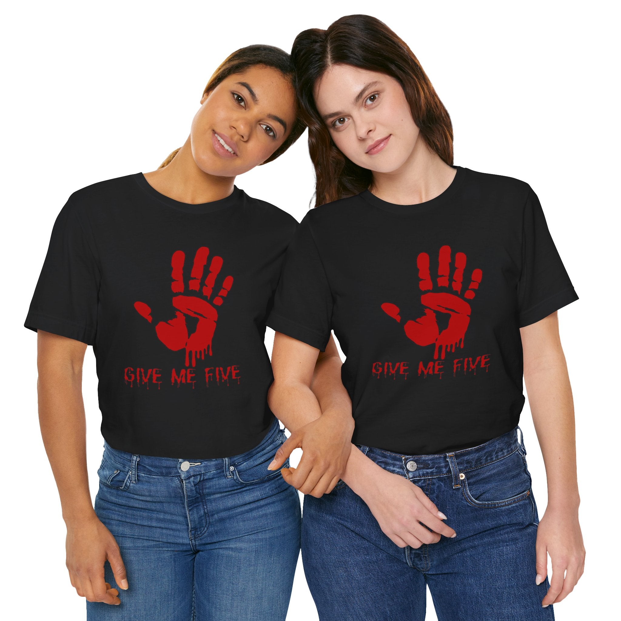 Two people wearing black t-shirts with red handprint design and 'Give Me Five' text.