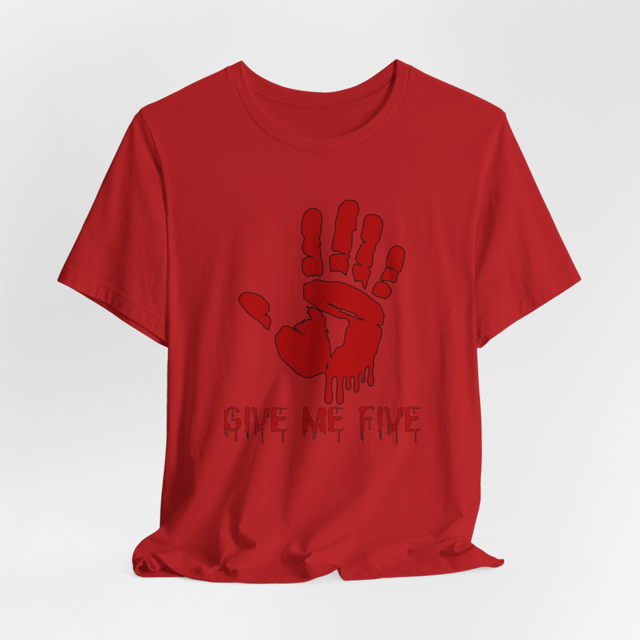 Red t-shirt with a handprint design and text on a white background