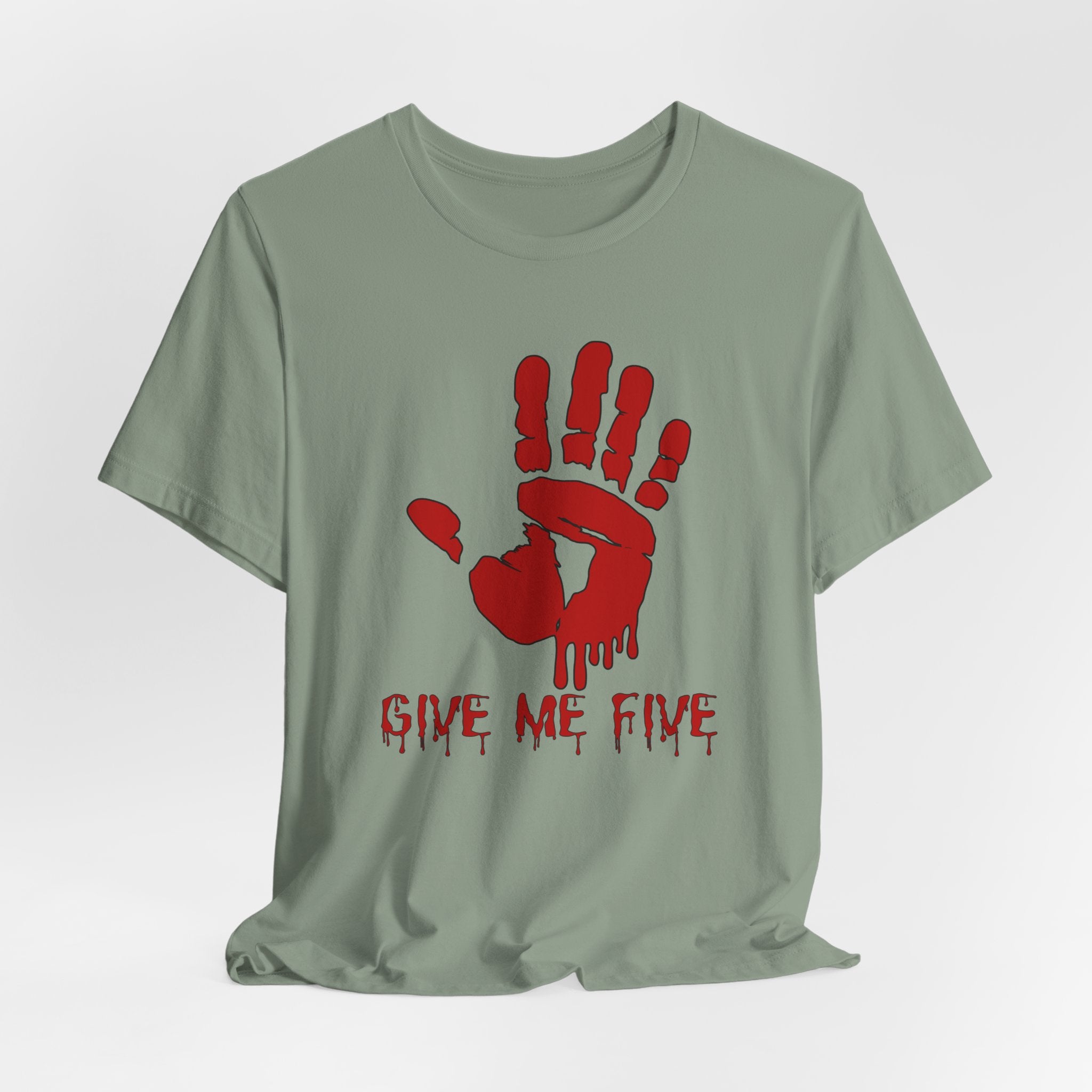 Sage green t-shirt with red hand graphic and 'Give Me Five' text on a white background