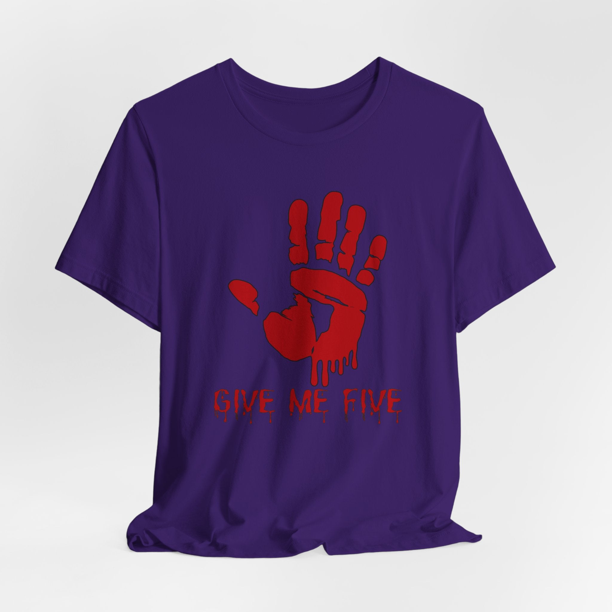 Purple t-shirt with red handprint design and 'Give Me Five' text on a white background