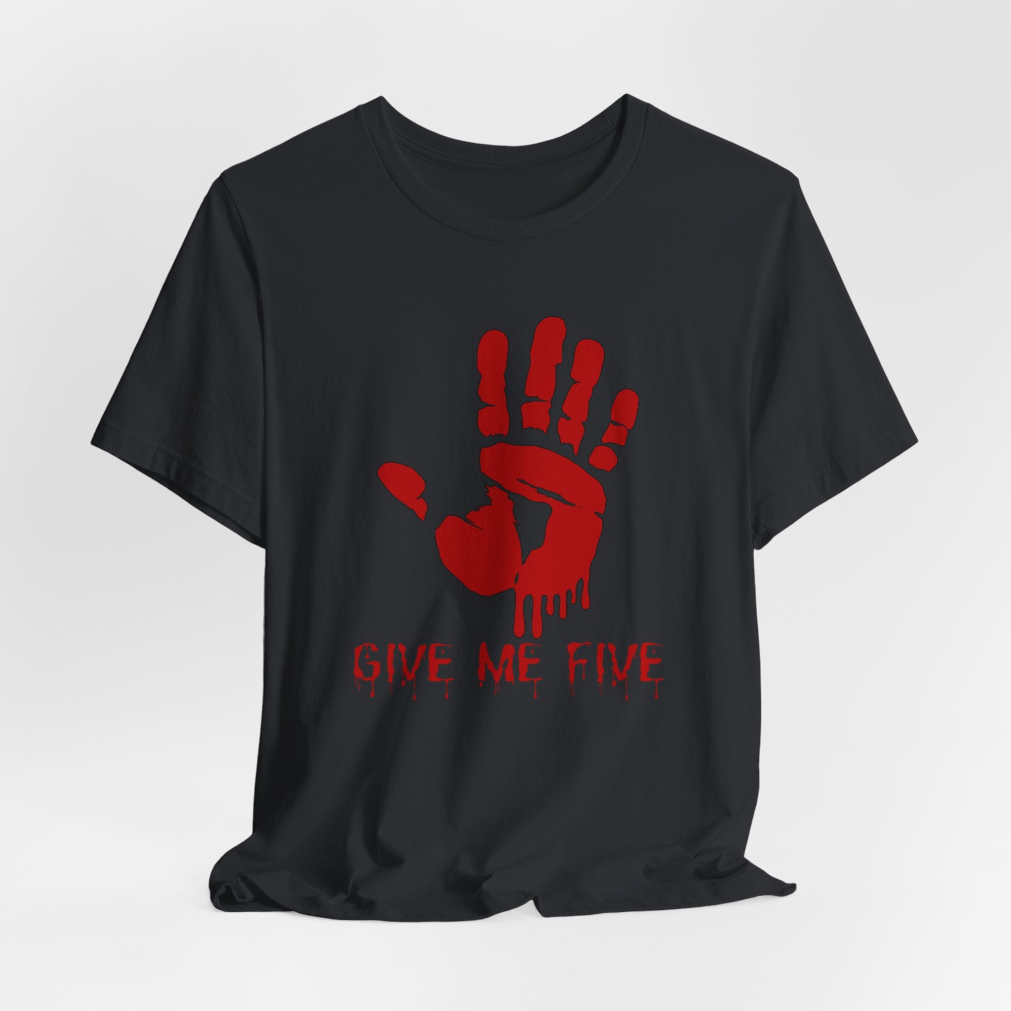 Vintage black t-shirt with red hand print and 'Give Me Five' text on a white background