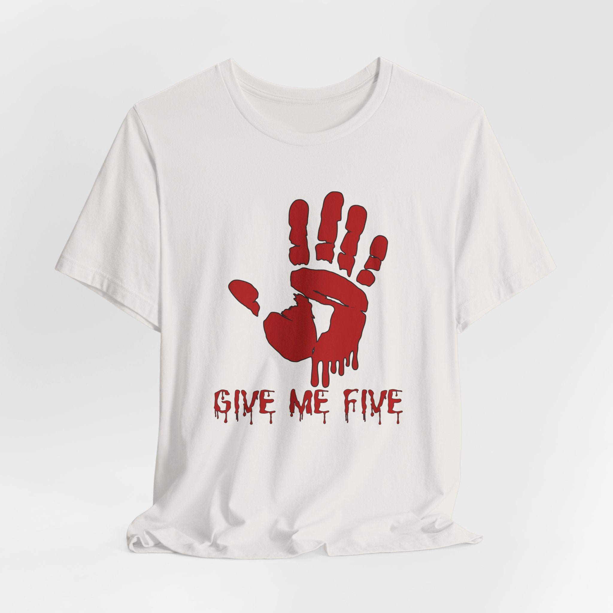 Vintage white t-shirt with red hand print and 'Give Me Five' text on a white background