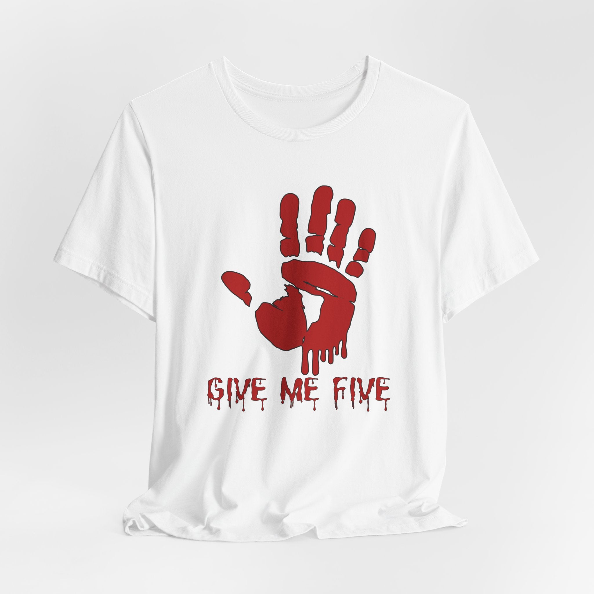 White t-shirt with red handprint design and 'Give Me Five' text on a white background
