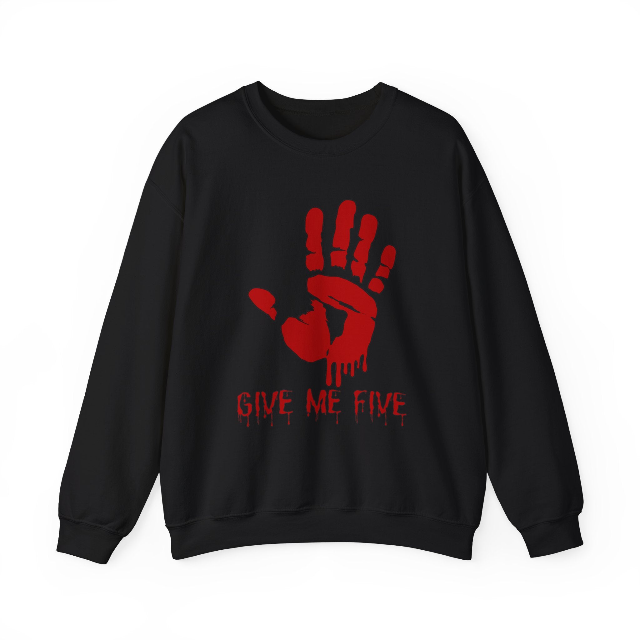 Black sweatshirt with red handprint and 'Give Me Five' text on a white background