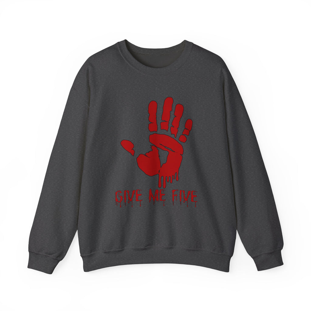 Gray sweatshirt with red handprint and 'Give Me Five' text on a white background