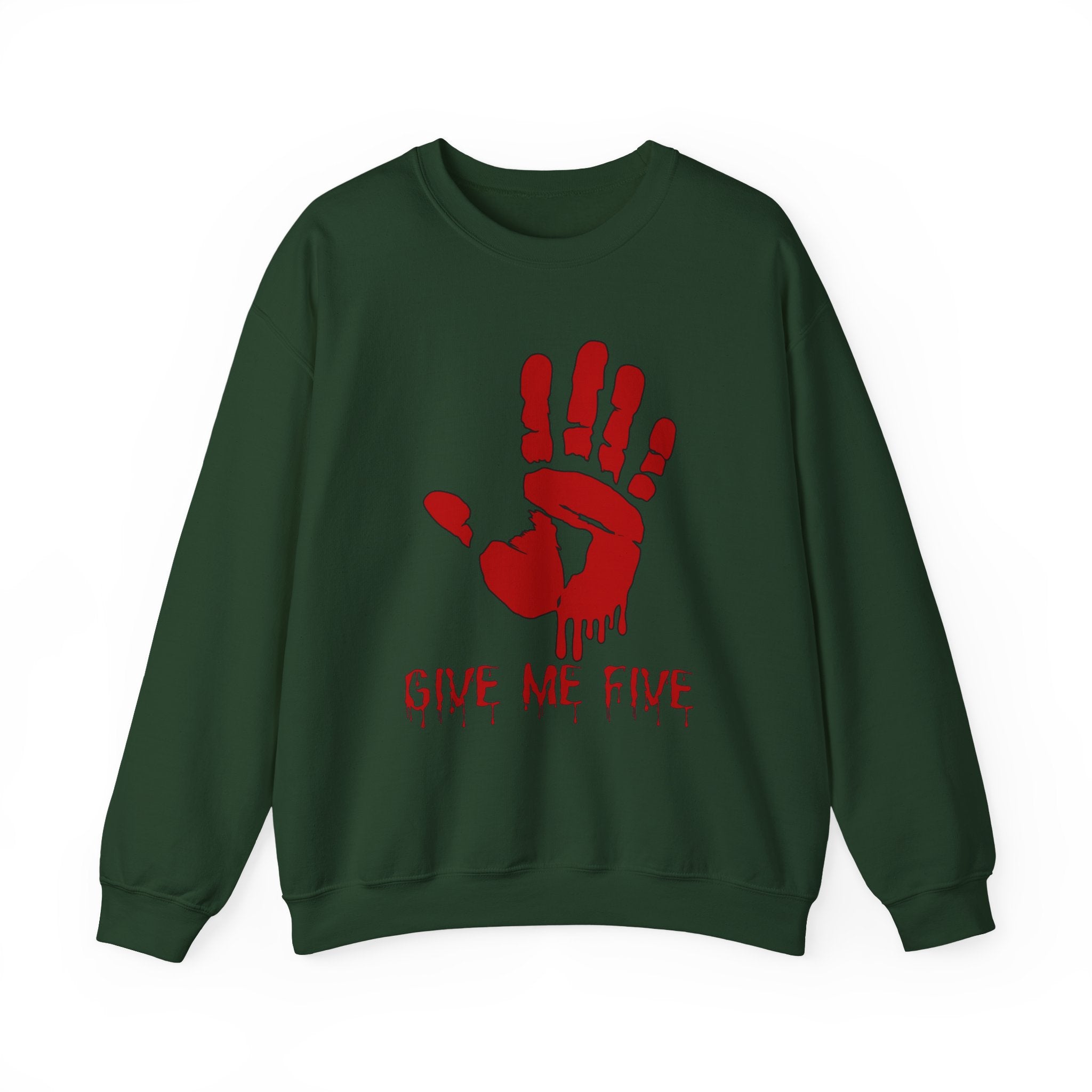 Forest green sweatshirt with red handprint and 'Give Me Five' text on a white background