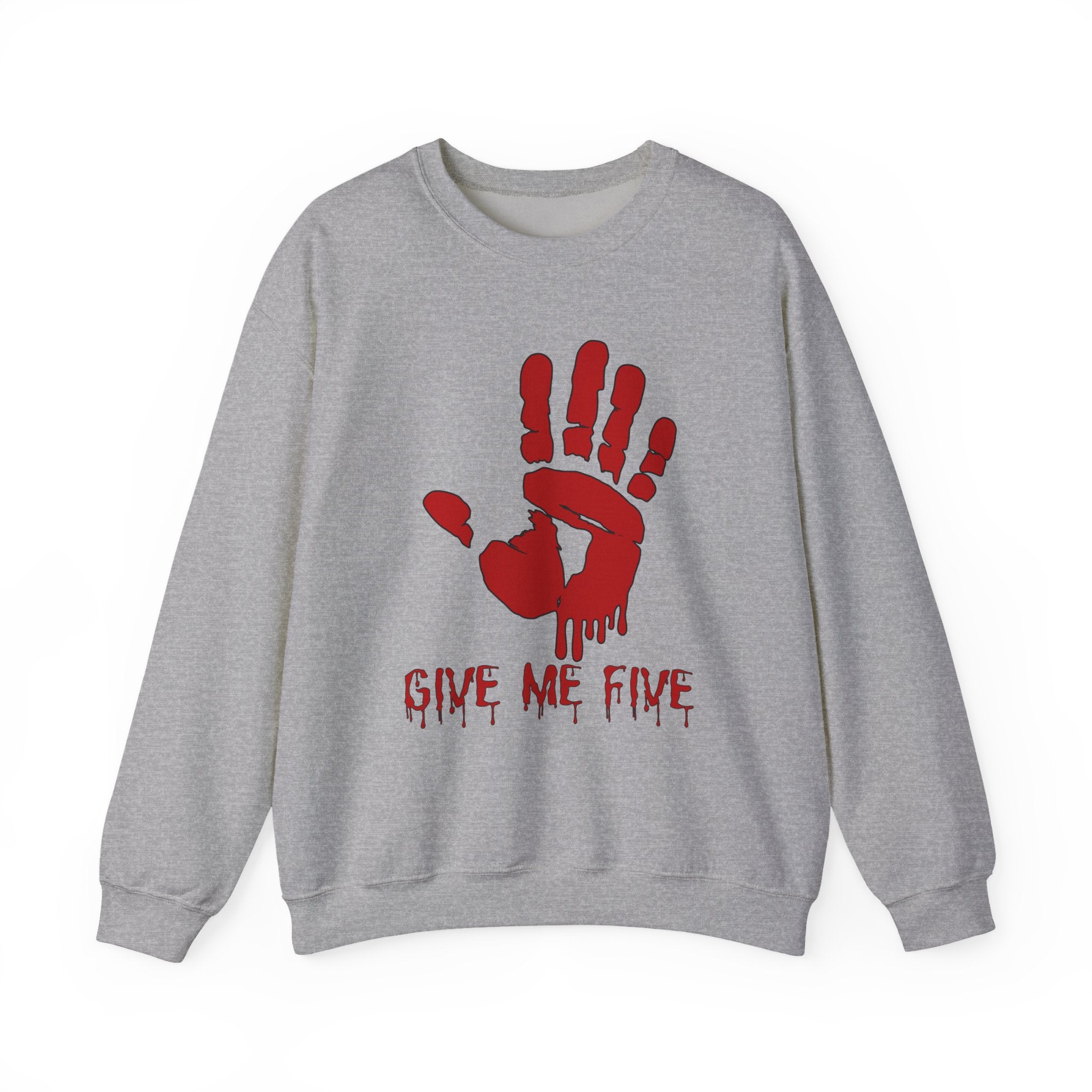 Gray sweatshirt with red handprint and 'Give Me Five' text on a white background