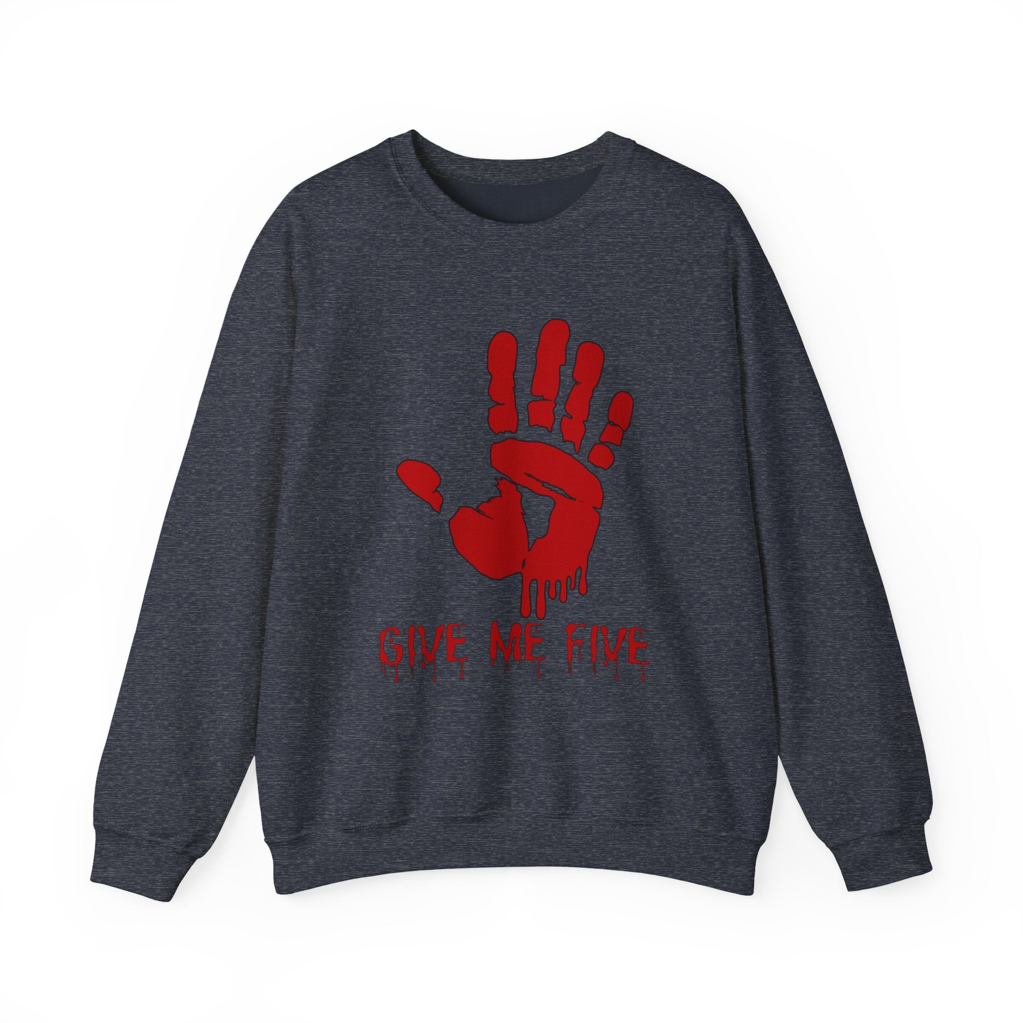 Gray sweatshirt with red handprint and 'Give Me Five' text on a white background