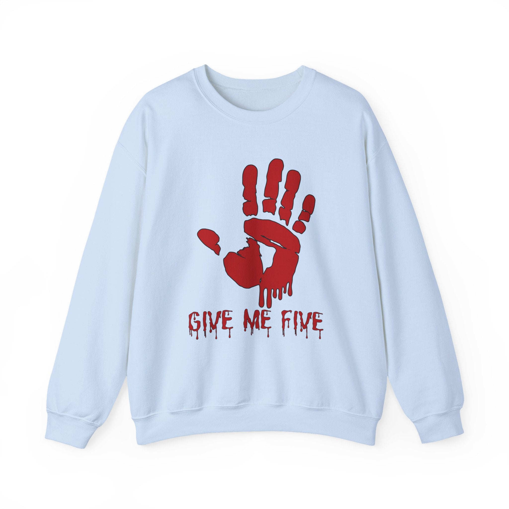 Light blue sweatshirt with red hand graphic and 'Give Me Five' text on a white background