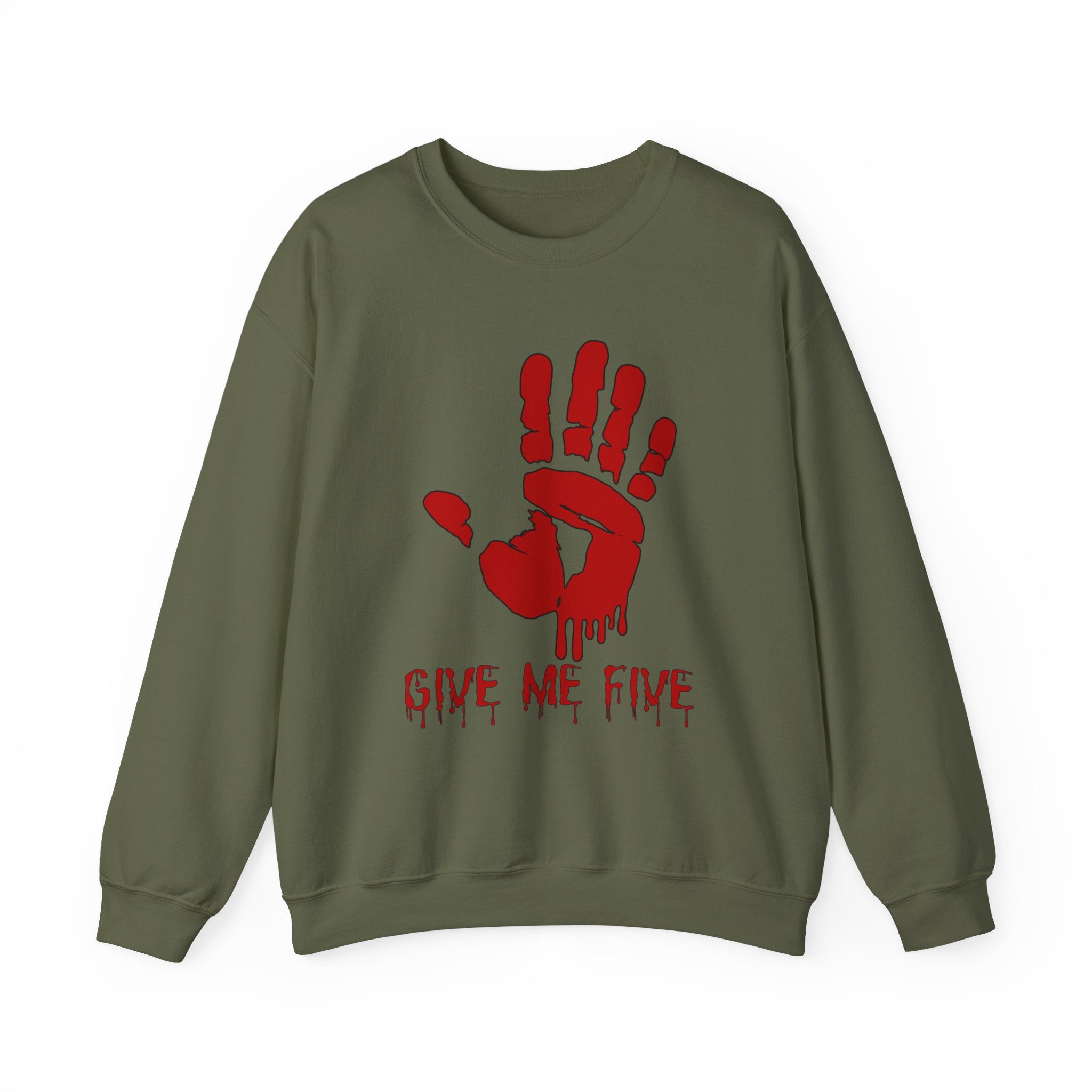 Military green sweatshirt with red handprint and 'Give Me Five' text on a white background