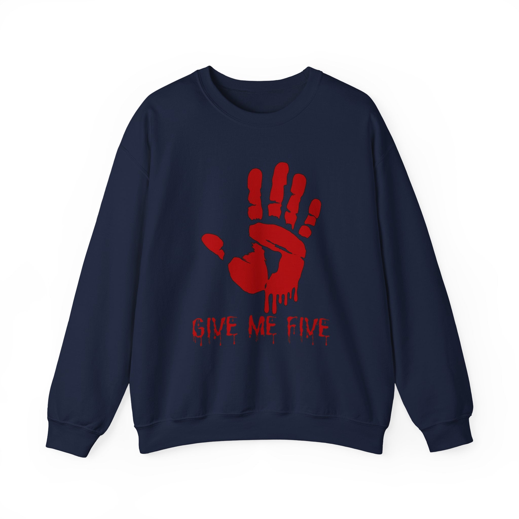 Navy blue sweatshirt with red handprint and 'Give Me Five' text on a white background