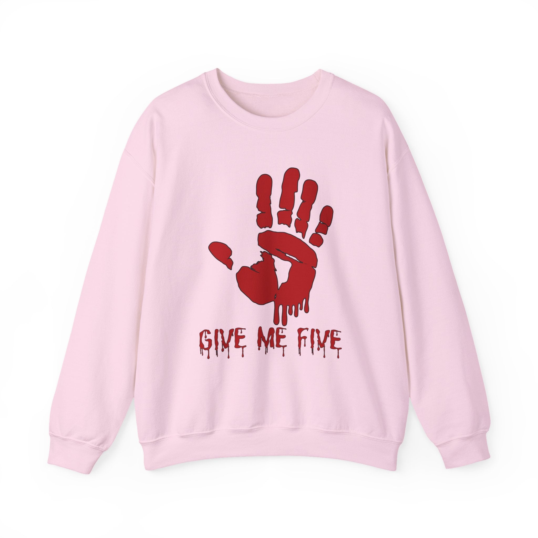 Pink sweatshirt with red hand print and 'Give Me Five' text on a white background