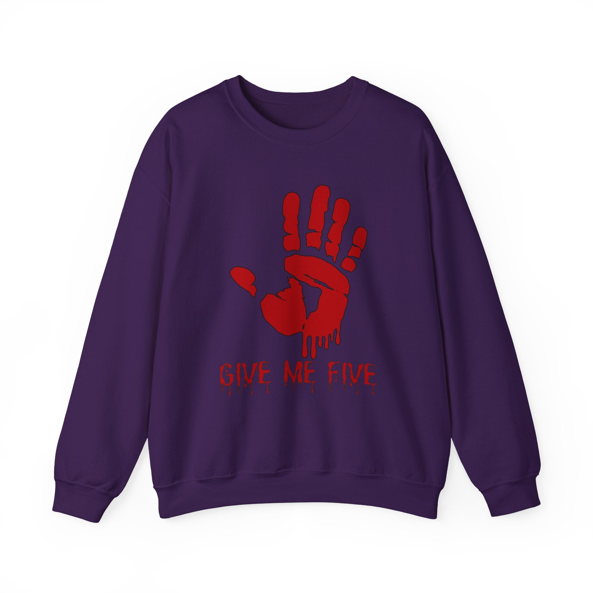 Purple sweatshirt with red handprint and 'Give Me Five' text on a white background