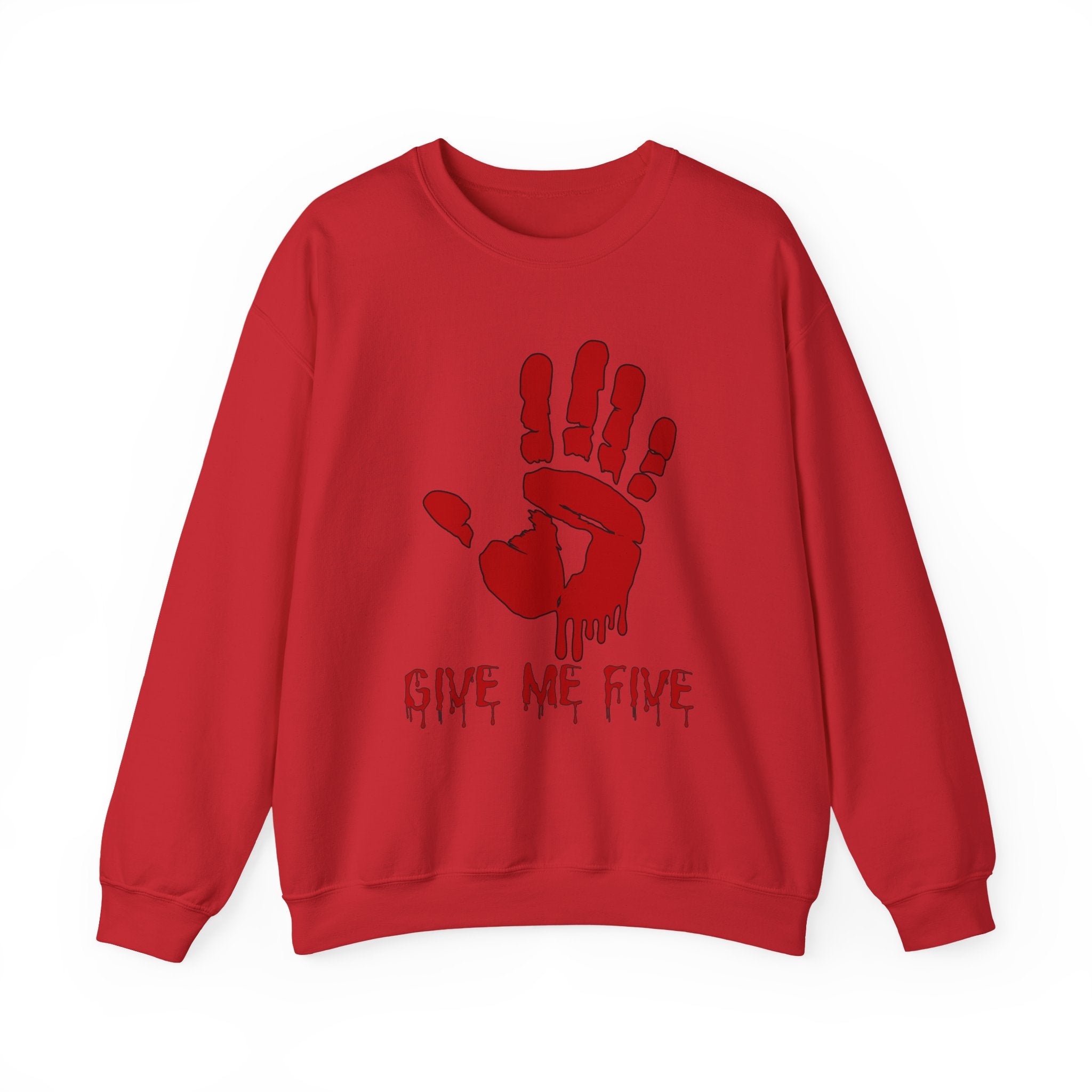 Red sweatshirt with a handprint and 'Give Me Five' text on a white background
